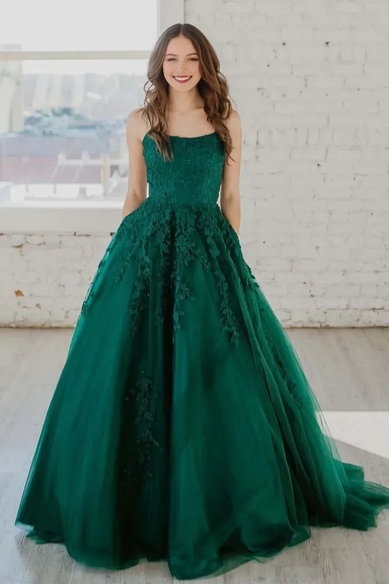 Elegant Dark Green A-Line Spaghetti-Straps Sleeveless Lace Appliques Tulle Lace Up Floor-Length Prom Dress
