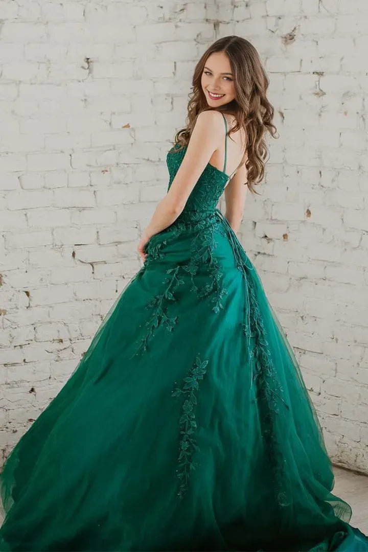 Elegant Dark Green A-Line Spaghetti-Straps Sleeveless Lace Appliques Tulle Lace Up Floor-Length Prom Dress
