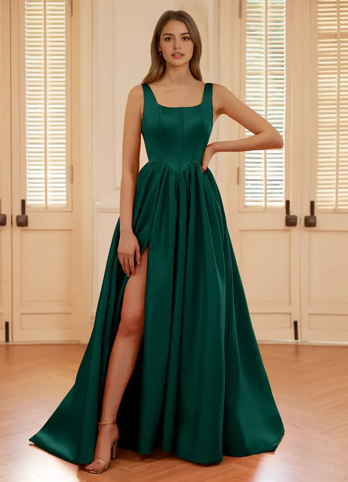 Elegant Dark Green A-Line Square-Neck Sleeveless Lace-Up Back Floor-Length Satin Slit Prom Dress