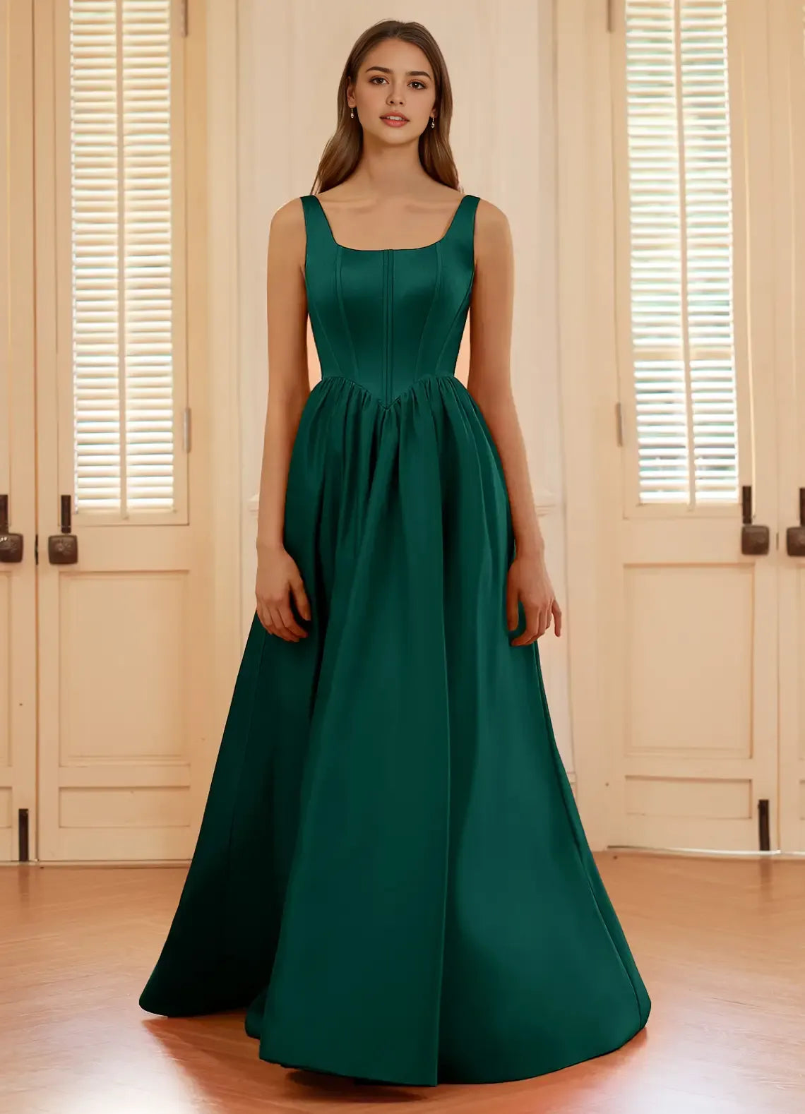 Elegant Dark Green A-Line Square-Neck Sleeveless Lace-Up Back Floor-Length Satin Slit Prom Dress