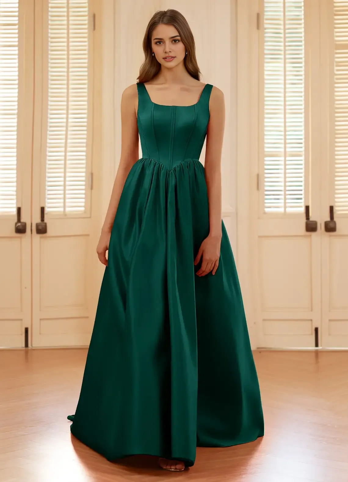 Elegant Dark Green A-Line Square-Neck Sleeveless Lace-Up Back Floor-Length Satin Slit Prom Dress