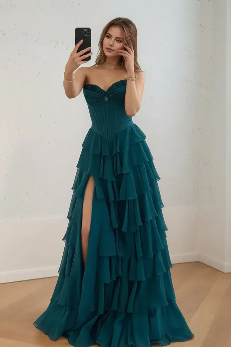 Elegant Dark Green A-Line Sweetheart Strapless Back Zip Floor-Length Ruffle Chiffon Prom Dress with Slit