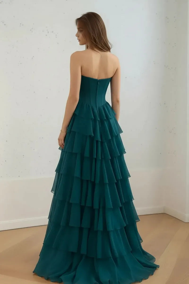 Elegant Dark Green A-Line Sweetheart Strapless Back Zip Floor-Length Ruffle Chiffon Prom Dress with Slit