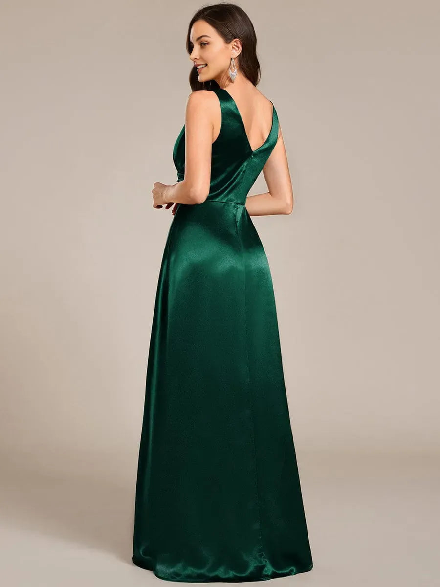 Elegant Dark Green A-Line V-Neck Sleeveless Ruched Open Back Satin Floor-Length Prom Dresses