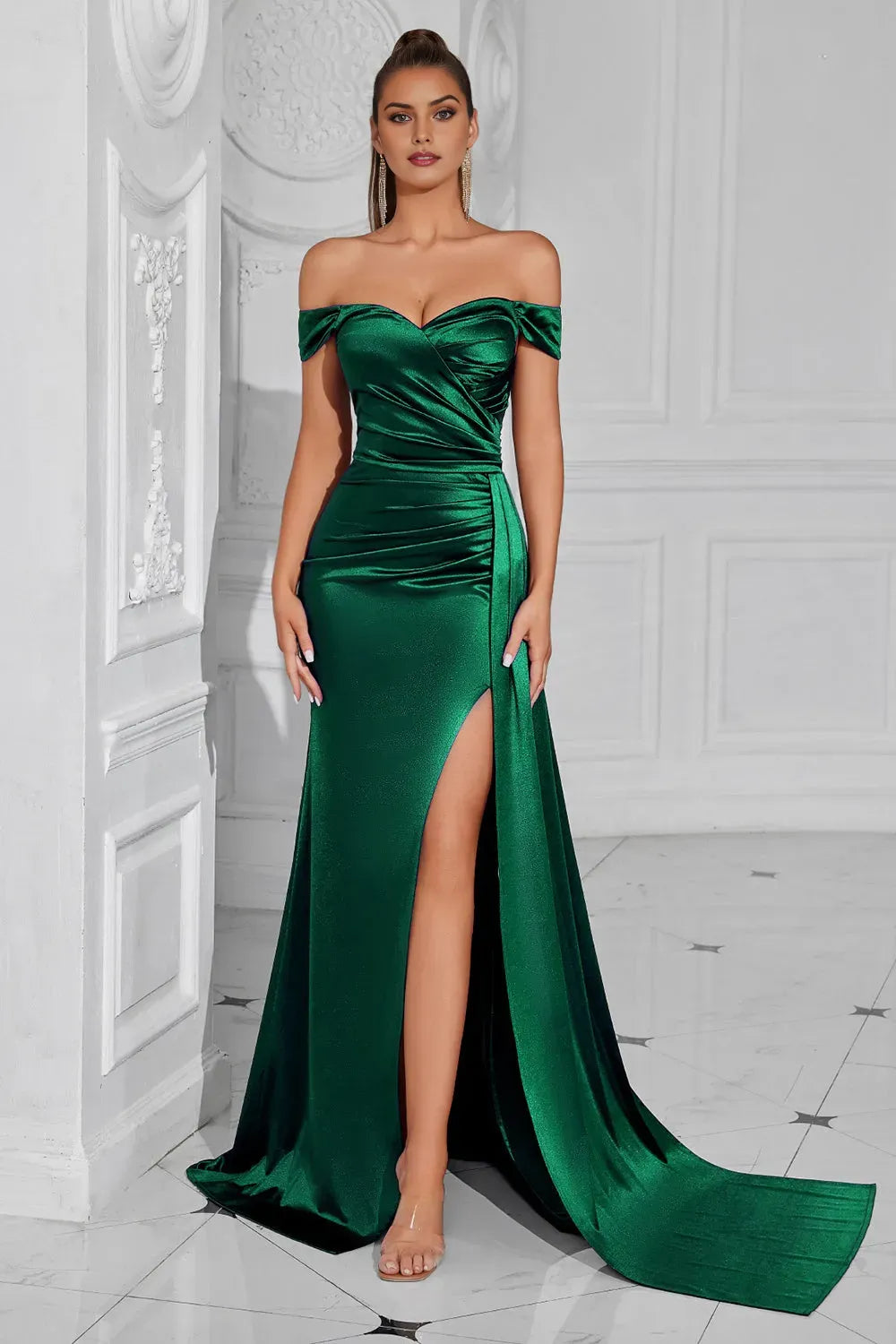 Elegant Dark Green Mermaid Off-Shoulder Ruched Short-Sleeve Back Zip Floor-Length with Slit Prom Dress hot sale