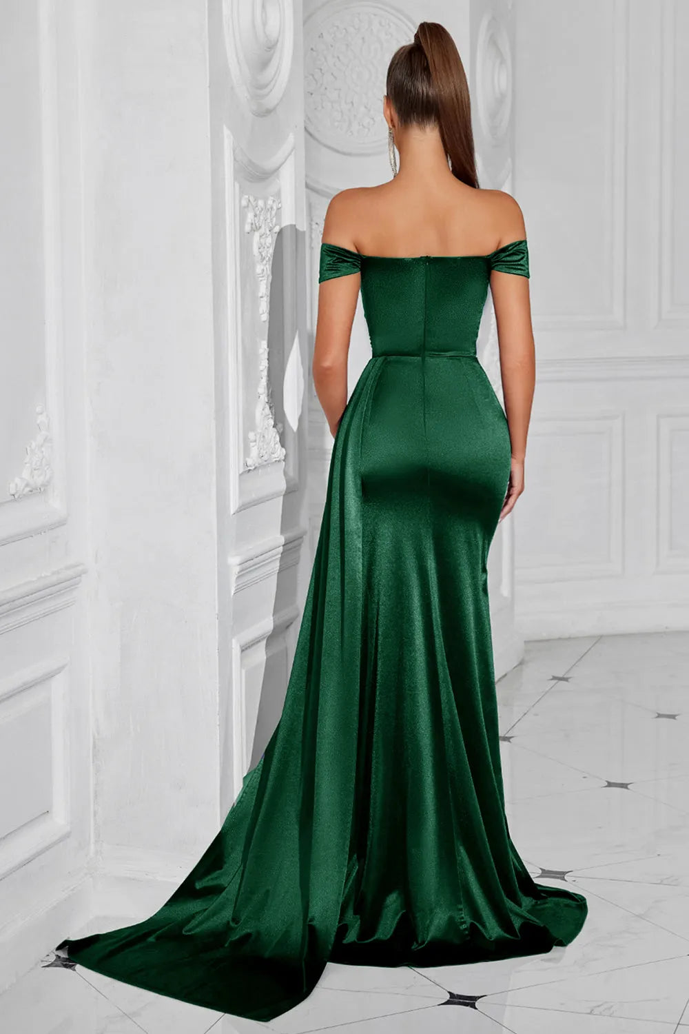 Elegant Dark Green Mermaid Off-Shoulder Ruched Short-Sleeve Back Zip Floor-Length with Slit Prom Dress hot sale