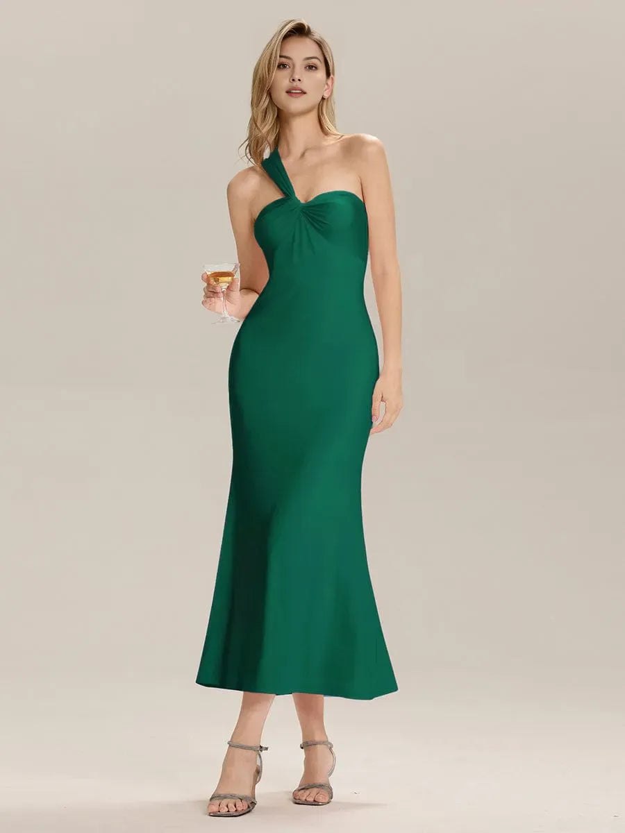 Elegant Dark Green Sheath One-Shoulder Sleeveless Cut-Out Back Ankle-Length Prom Dresses
