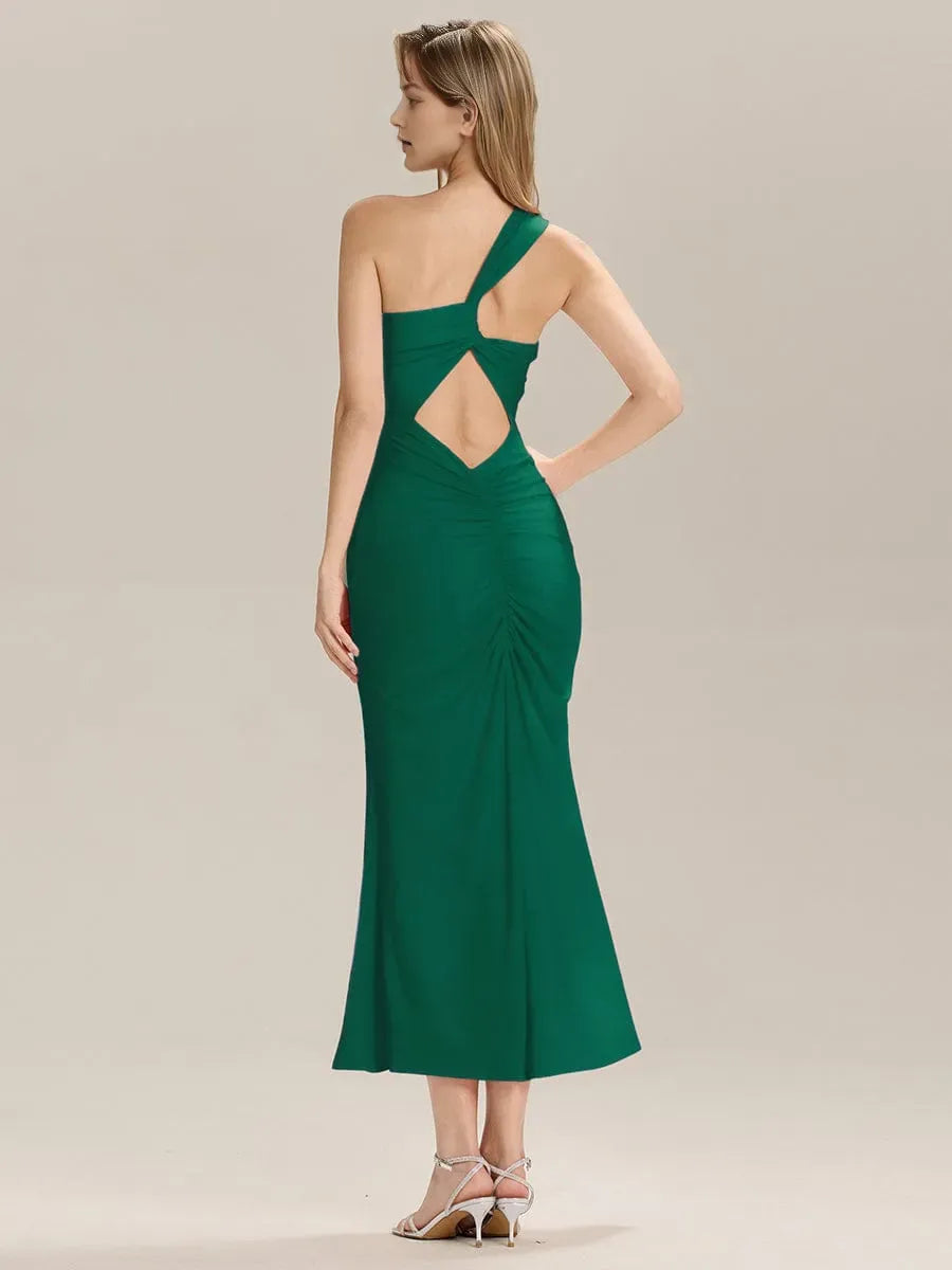 Elegant Dark Green Sheath One-Shoulder Sleeveless Cut-Out Back Ankle-Length Prom Dresses