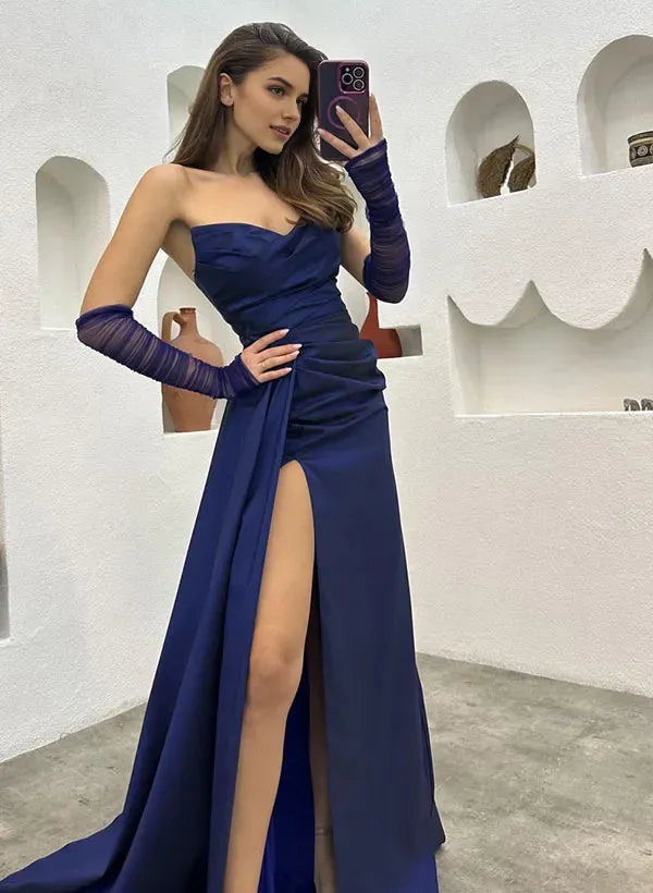 Elegant Dark Navy A-line Sweetheart Neck Detachable Sleeves Back Zip Ruched Bodice High Side Slit Satin  Prom Dress
