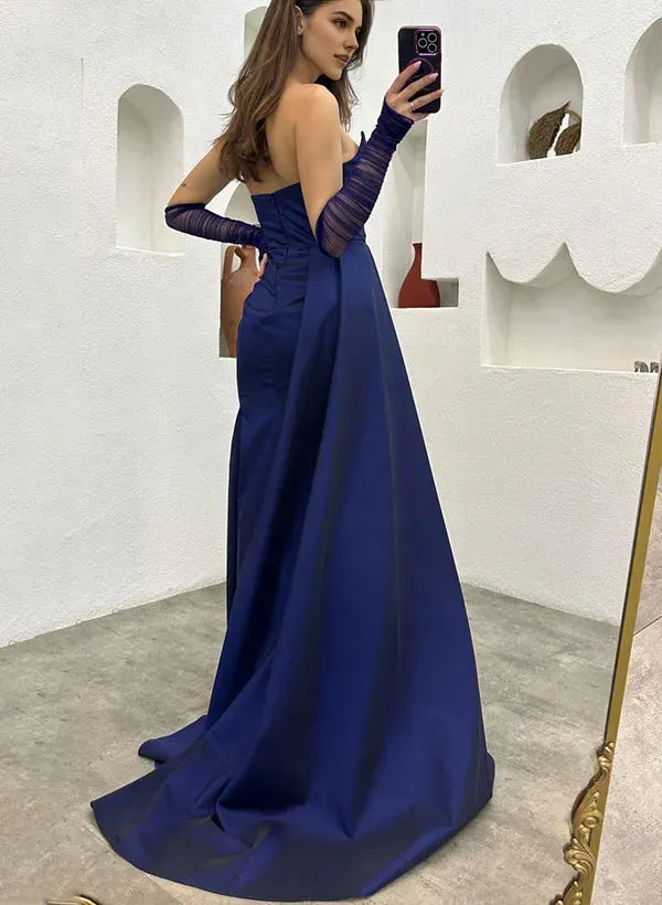 Elegant Dark Navy A-line Sweetheart Neck Detachable Sleeves Back Zip Ruched Bodice High Side Slit Satin  Prom Dress