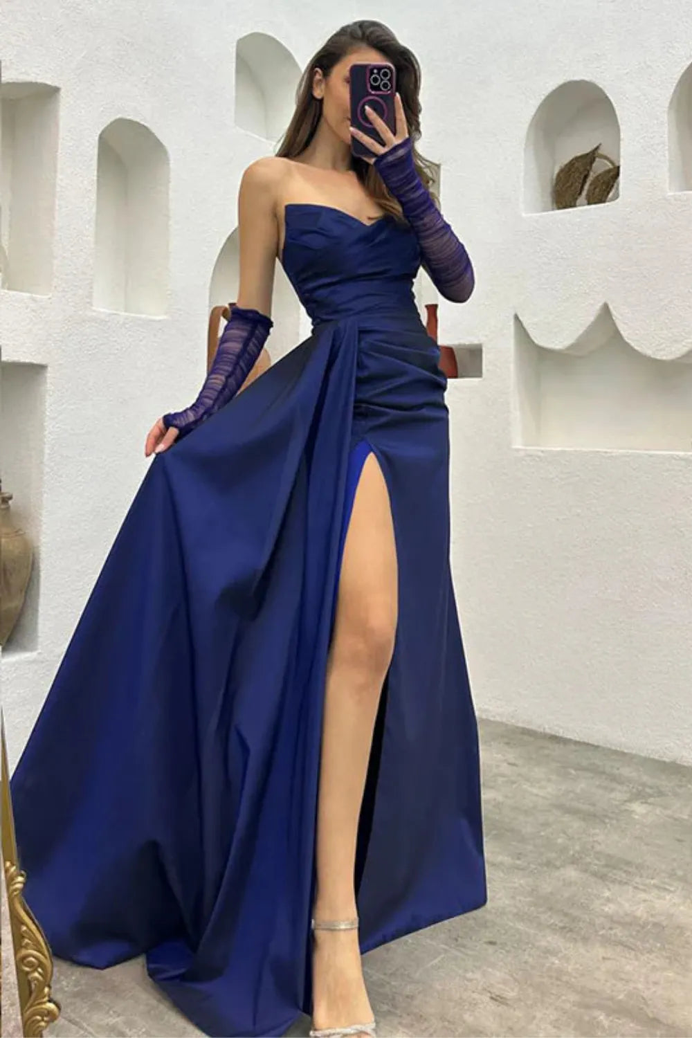 Elegant Dark Navy A-line Sweetheart Neck Detachable Sleeves Back Zip Ruched Bodice High Side Slit Satin  Prom Dress