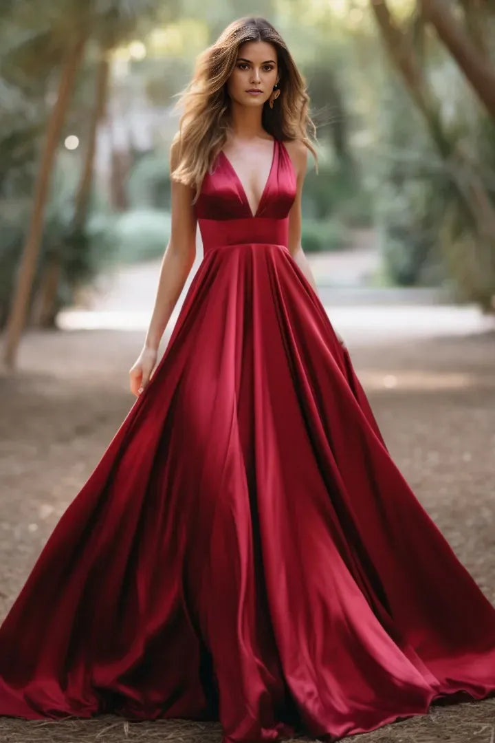Elegant Dark Red A-Line V-Neck Sleeveless Lace Up Floor-Length Prom Dresses female guests Hot Sale