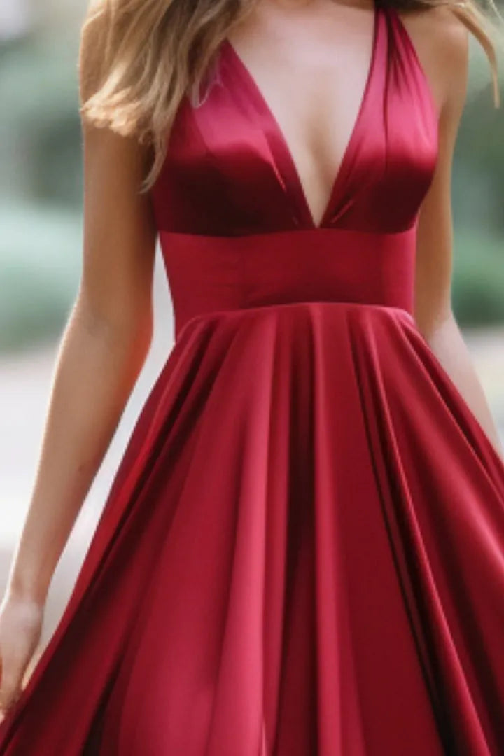 Elegant Dark Red A-Line V-Neck Sleeveless Lace Up Floor-Length Prom Dresses female guests Hot Sale