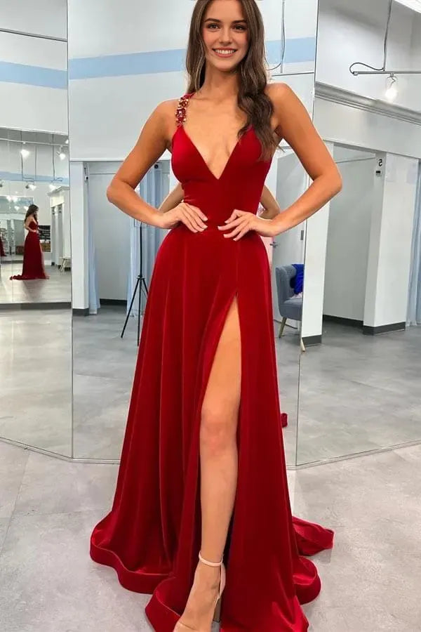 Elegant Dark Red Mermaid V-Neck Straps Crisscross Back Floor-Length High Side Slit Velvet Prom Dress With Split