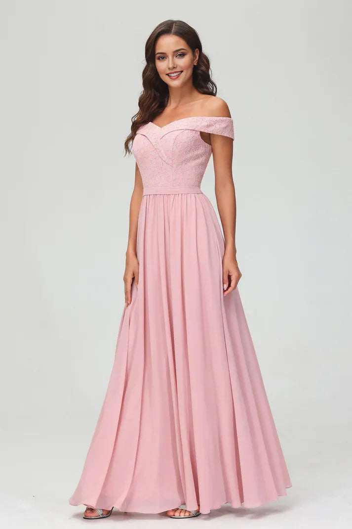 Elegant Dusty-Rose A-Line Off-the-Shoulder Sleeveless Lace Chiffon Back Zip Floor-Length Prom Dresses