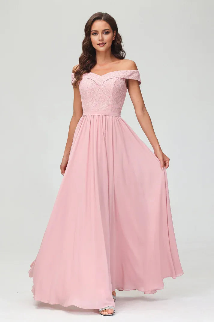 Elegant Dusty-Rose A-Line Off-the-Shoulder Sleeveless Lace Chiffon Back Zip Floor-Length Prom Dresses
