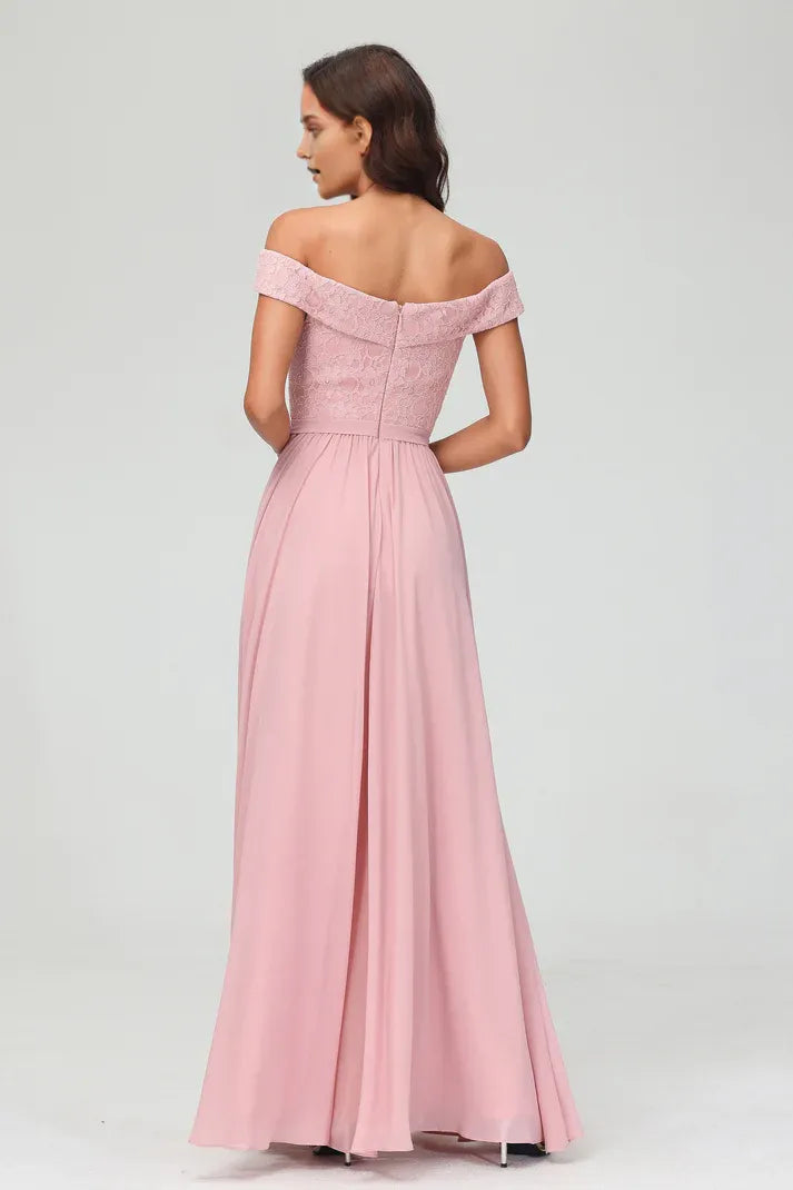 Elegant Dusty-Rose A-Line Off-the-Shoulder Sleeveless Lace Chiffon Back Zip Floor-Length Prom Dresses