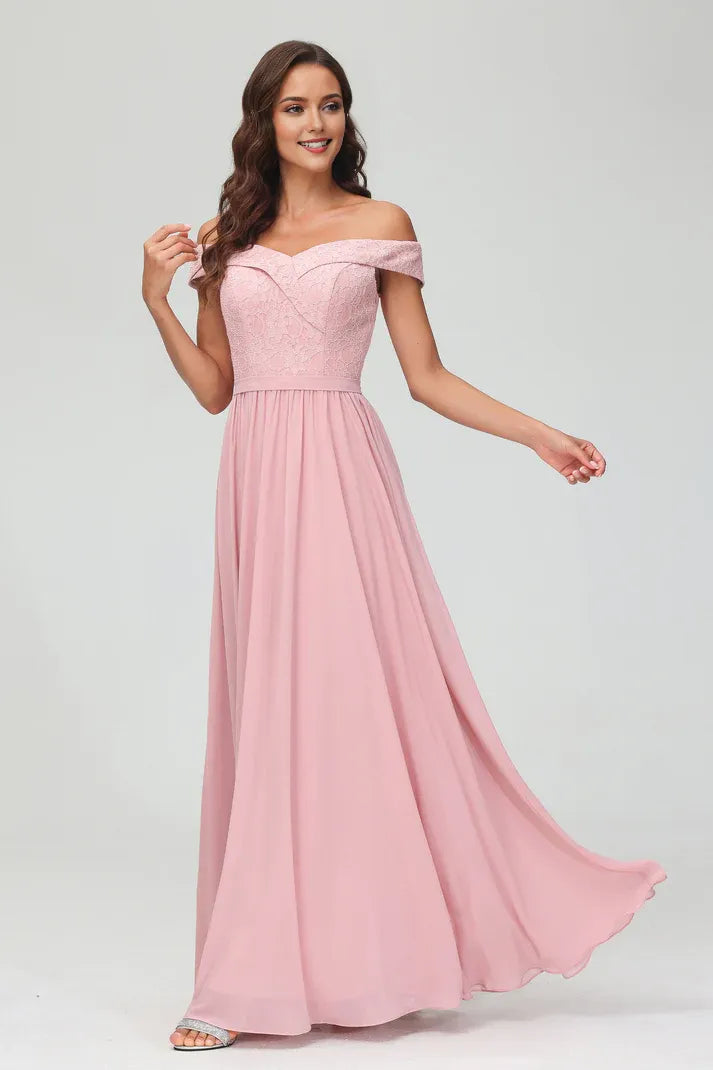 Elegant Dusty-Rose A-Line Off-the-Shoulder Sleeveless Lace Chiffon Back Zip Floor-Length Prom Dresses