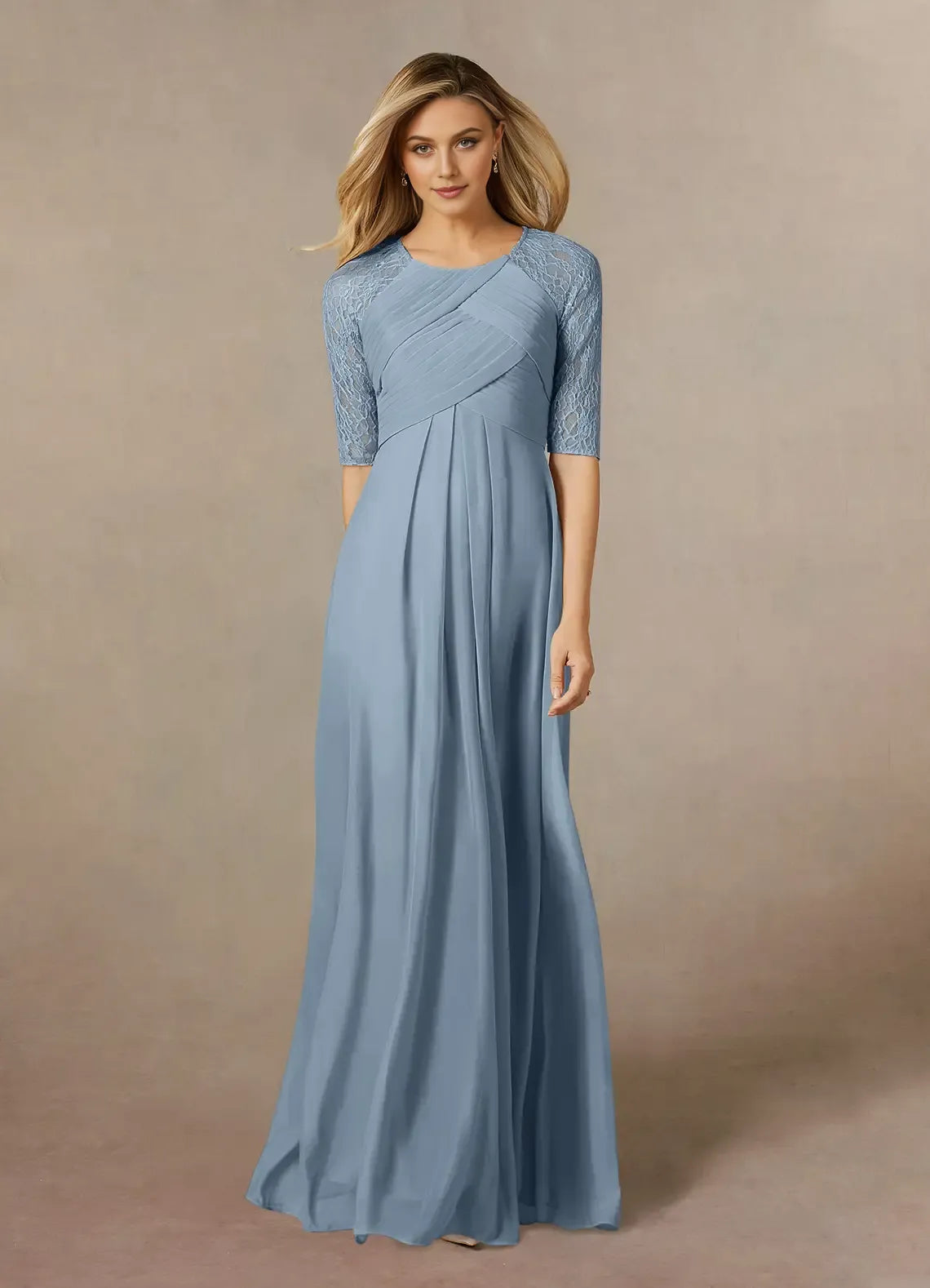 Elegant Dusty Blue A-Line Crew-Neck Lace-Sleeve Ruched Keyhole Back Zip Floor-Length Mother of the Bride Dress for women for sale
