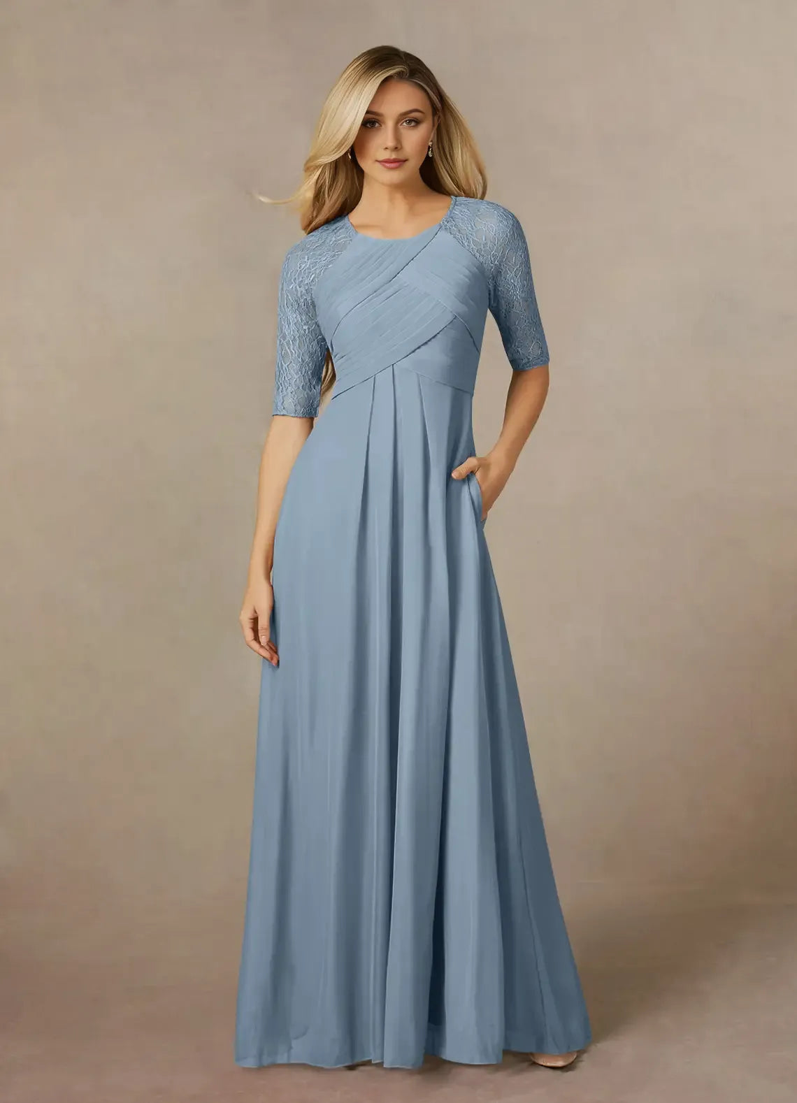Elegant Dusty Blue A-Line Crew-Neck Lace-Sleeve Ruched Keyhole Back Zip Floor-Length Mother of the Bride Dress for women for sale