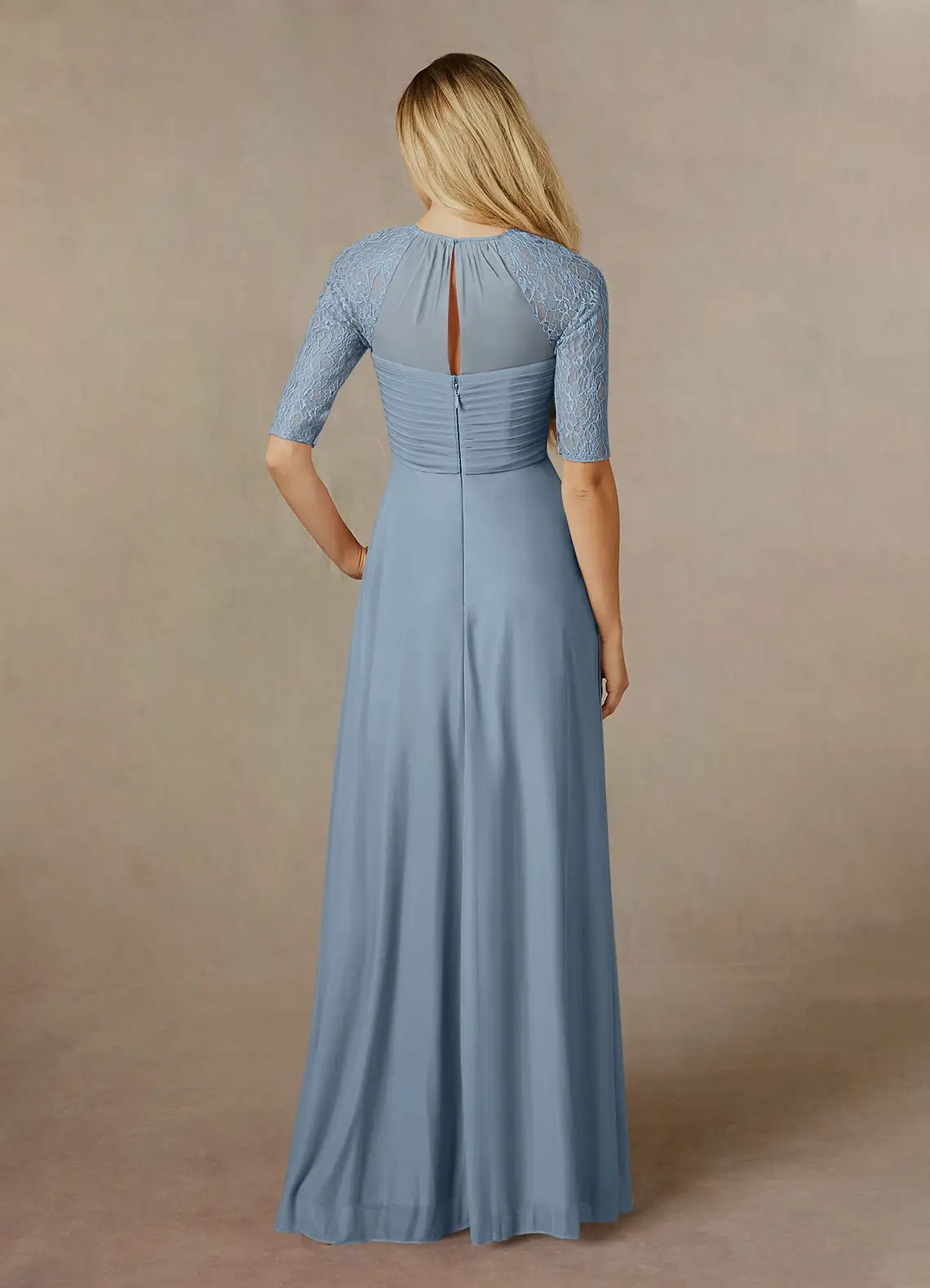 Elegant Dusty Blue A-Line Crew-Neck Lace-Sleeve Ruched Keyhole Back Zip Floor-Length Mother of the Bride Dress for women for sale