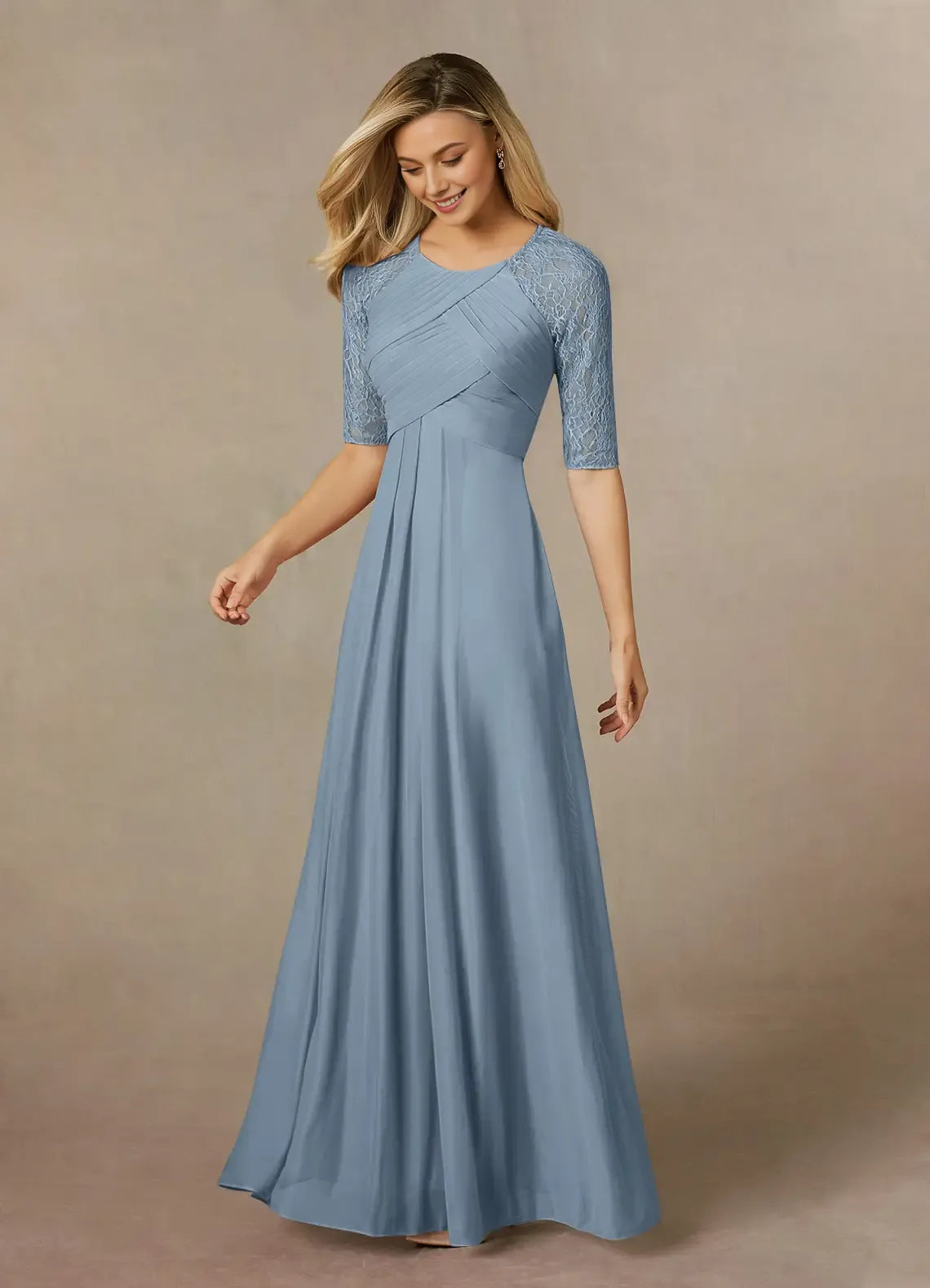 Elegant Dusty Blue A-Line Crew-Neck Lace-Sleeve Ruched Keyhole Back Zip Floor-Length Mother of the Bride Dress for women for sale