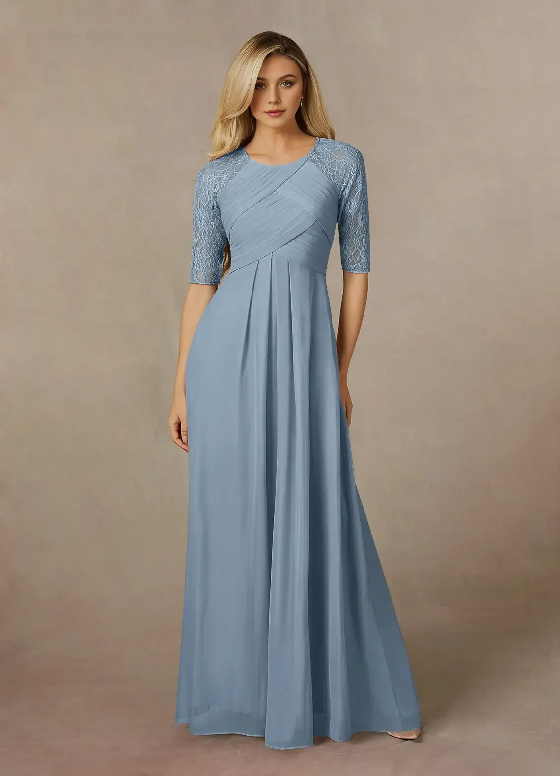 Elegant Dusty Blue A-Line Crew-Neck Lace-Sleeve Ruched Keyhole Back Zip Floor-Length Mother of the Bride Dress for women for sale