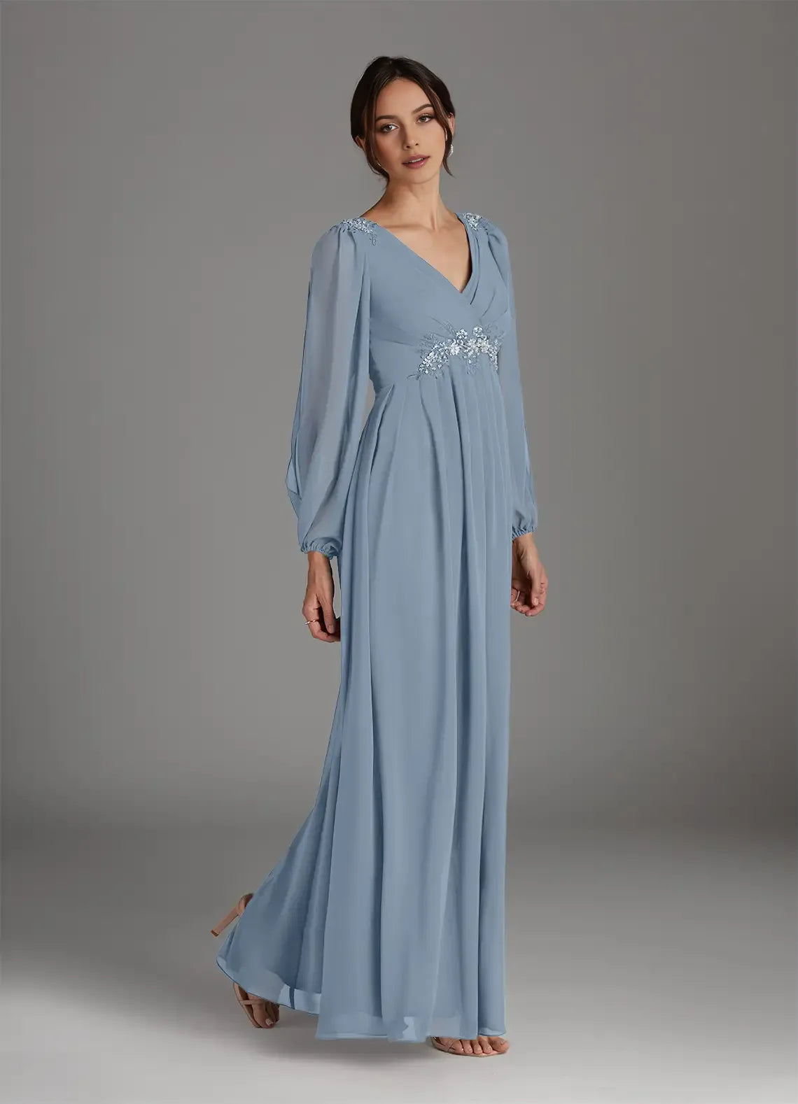 Elegant Dusty Blue A-Line Deep V-Neck Bishop-Sleeve Sequins Beaded Embellished-Waist  Back Zip Floor-Length Mother of the Bride Dress ﻿