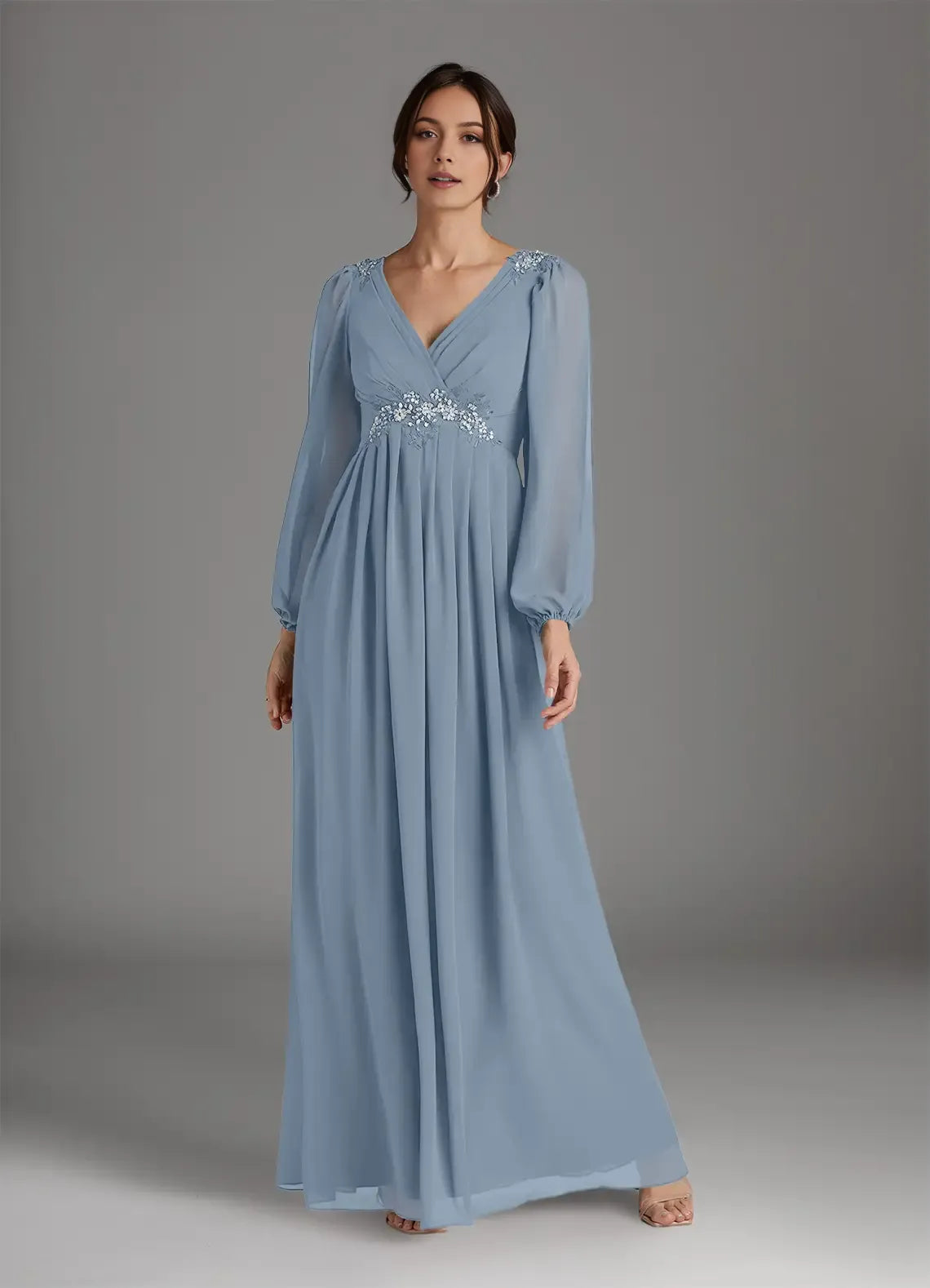 Elegant Dusty Blue A-Line Deep V-Neck Bishop-Sleeve Sequins Beaded Embellished-Waist  Back Zip Floor-Length Mother of the Bride Dress ﻿