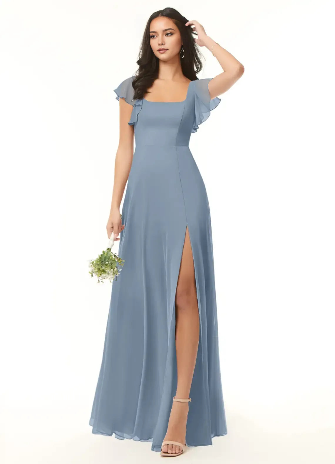 Elegant Dusty Blue A-Line Square Neck Ruffled Sleeve Tie-Back Back Zip Leg Slit Floor-Length Bridesmaid Dresses