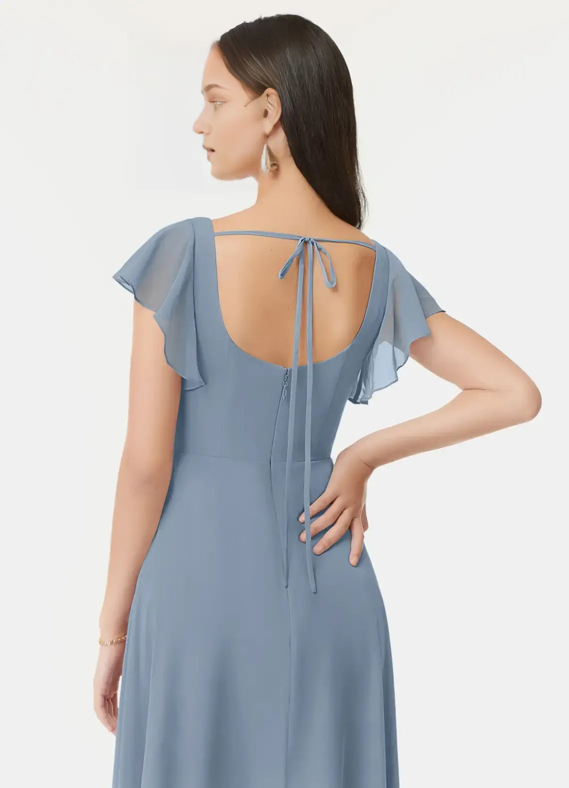 Elegant Dusty Blue A-Line Square Neck Ruffled Sleeve Tie-Back Back Zip Leg Slit Floor-Length Bridesmaid Dresses