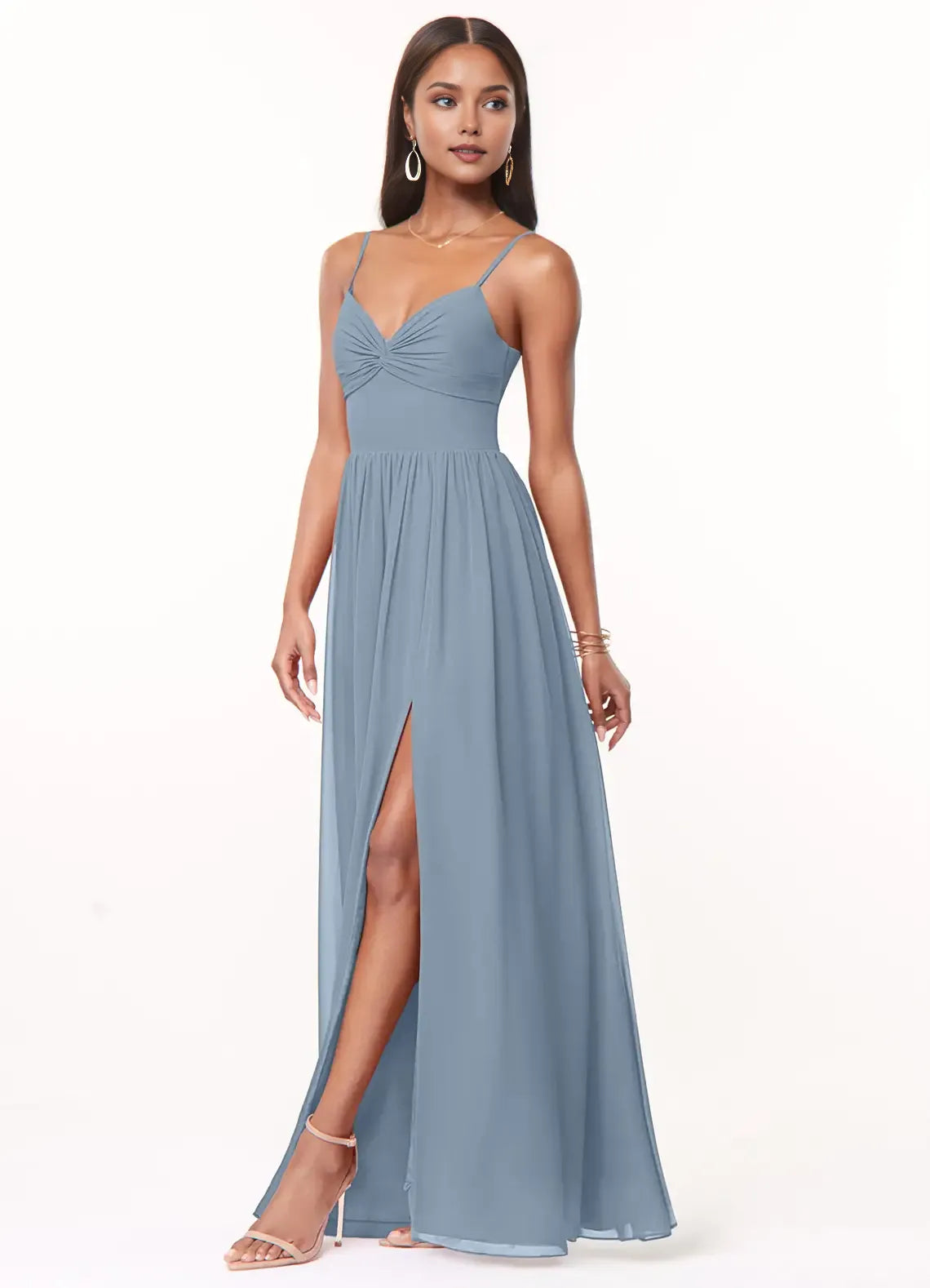 Elegant Dusty Blue A-Line Sweetheart Neck Spaghetti Strap Pleated Bow-Back High-Slit Floor-Length Bridesmaid Dresses