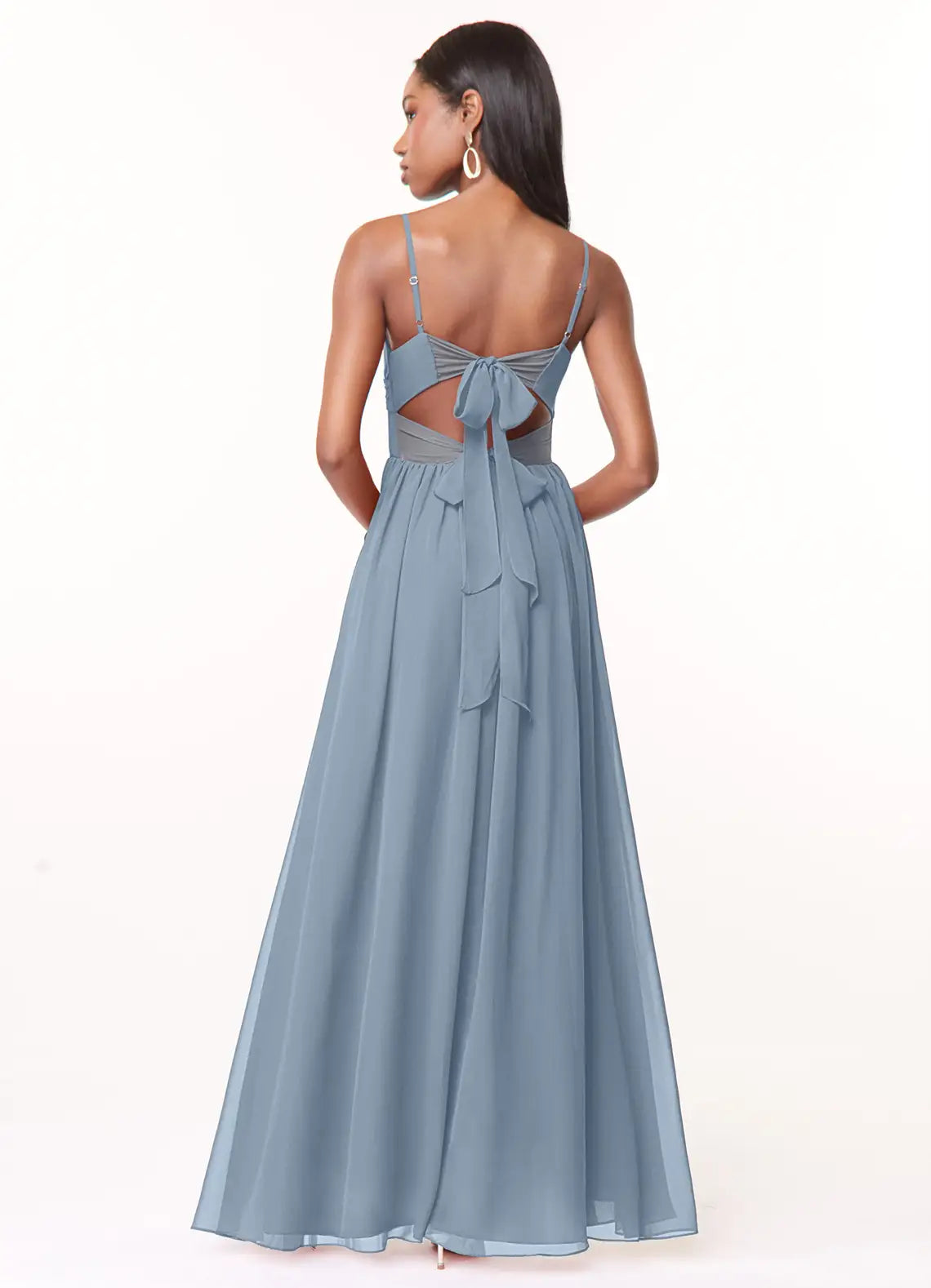 Elegant Dusty Blue A-Line Sweetheart Neck Spaghetti Strap Pleated Bow-Back High-Slit Floor-Length Bridesmaid Dresses