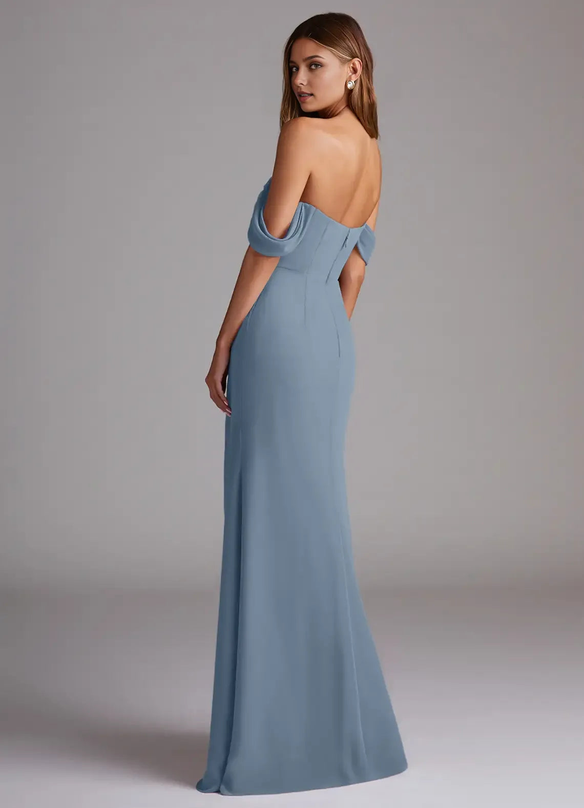 Elegant Dusty Blue Chiffon A-Line Off the Shoulder Sleeveless Pleated Back Zip High-Slit Floor-Length Bridesmaid Dresses