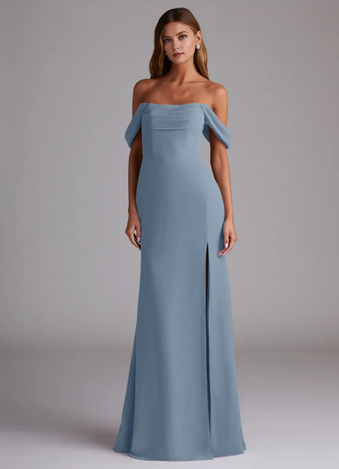Elegant Dusty Blue Chiffon A-Line Off the Shoulder Sleeveless Pleated Back Zip High-Slit Floor-Length Bridesmaid Dresses