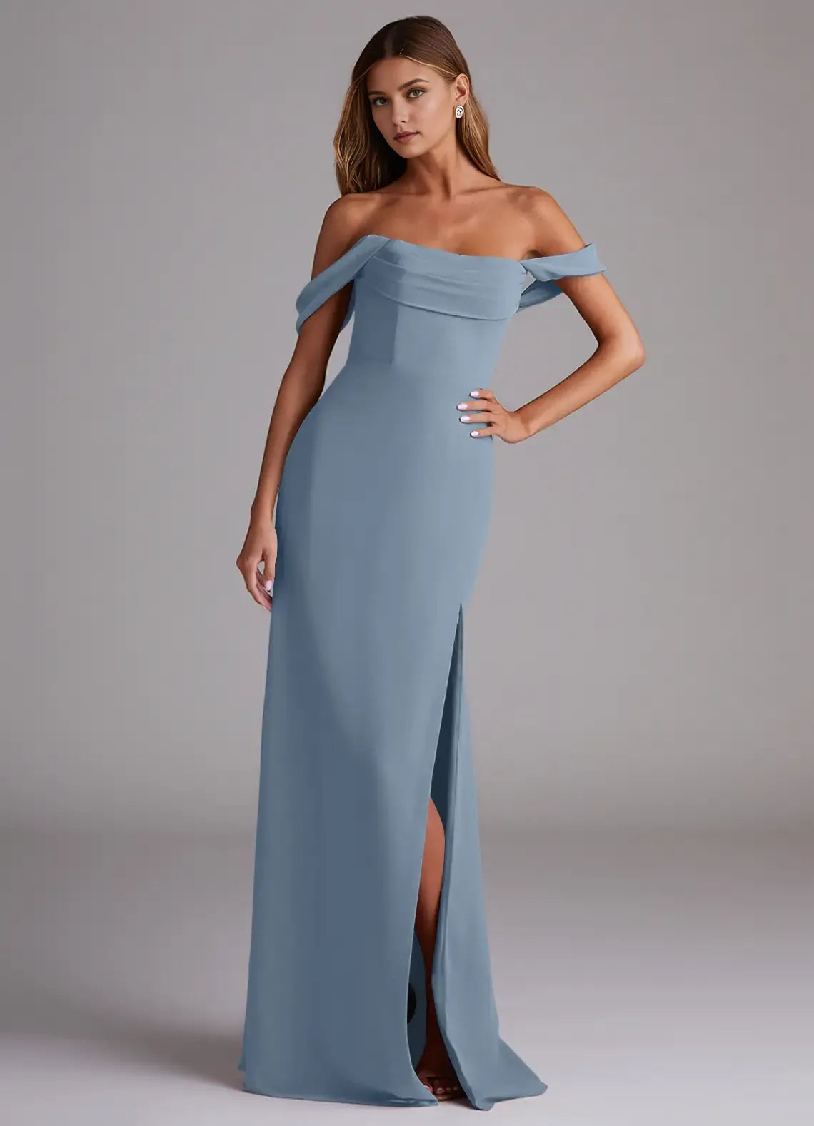 Elegant Dusty Blue Chiffon A-Line Off the Shoulder Sleeveless Pleated Back Zip High-Slit Floor-Length Bridesmaid Dresses