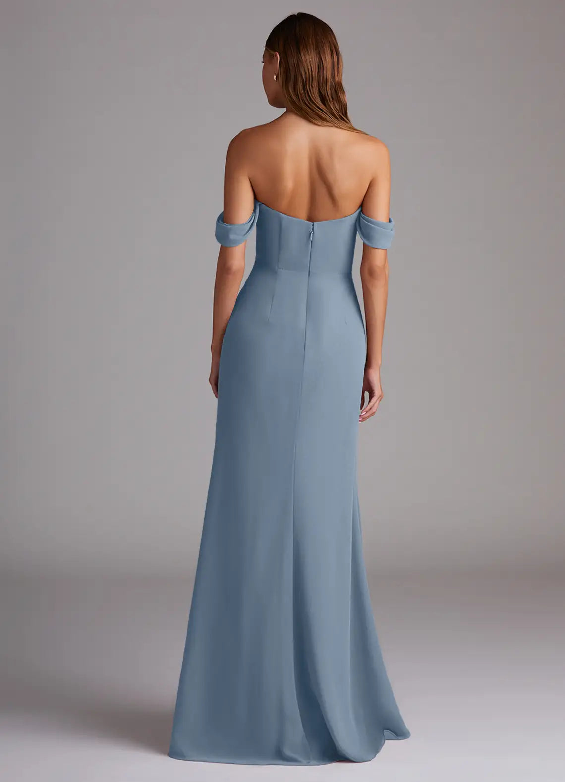 Elegant Dusty Blue Chiffon A-Line Off the Shoulder Sleeveless Pleated Back Zip High-Slit Floor-Length Bridesmaid Dresses