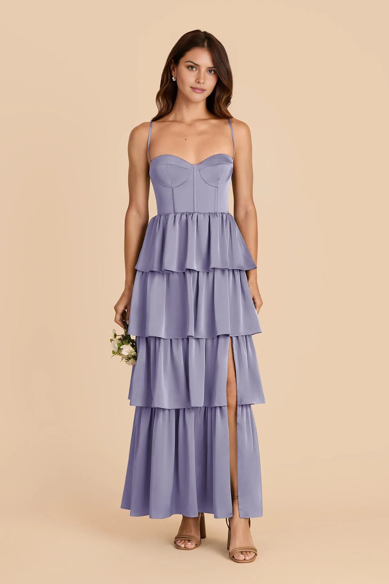 Elegant Dusty Lilac A-Line Sweetheart Neckline Sleeveless Tiered Ruffle Satin Back Zip Ankle length Prom Dresses with Adjustable Straps