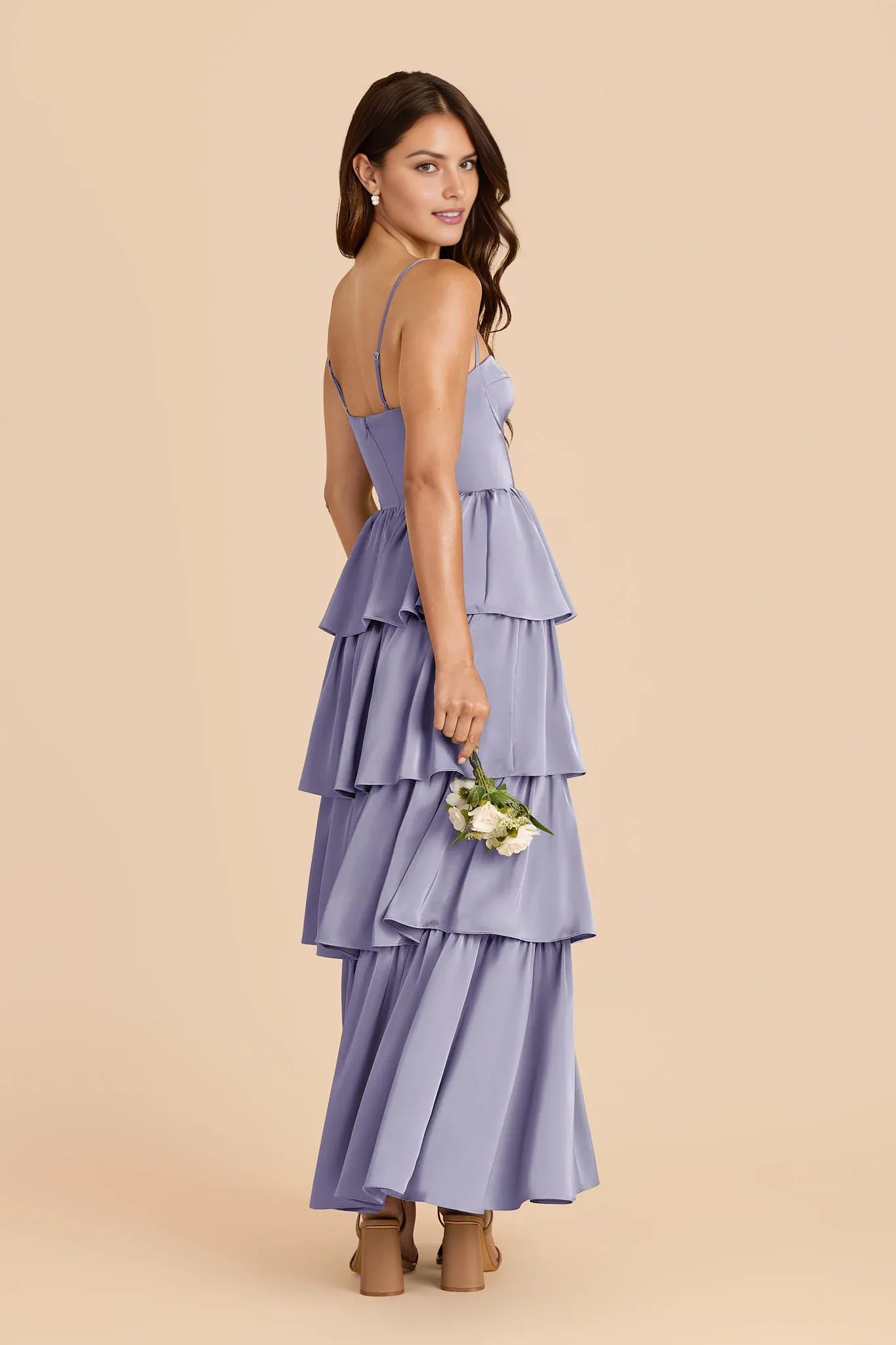 Elegant Dusty Lilac A-Line Sweetheart Neckline Sleeveless Tiered Ruffle Satin Back Zip Ankle length Prom Dresses with Adjustable Straps