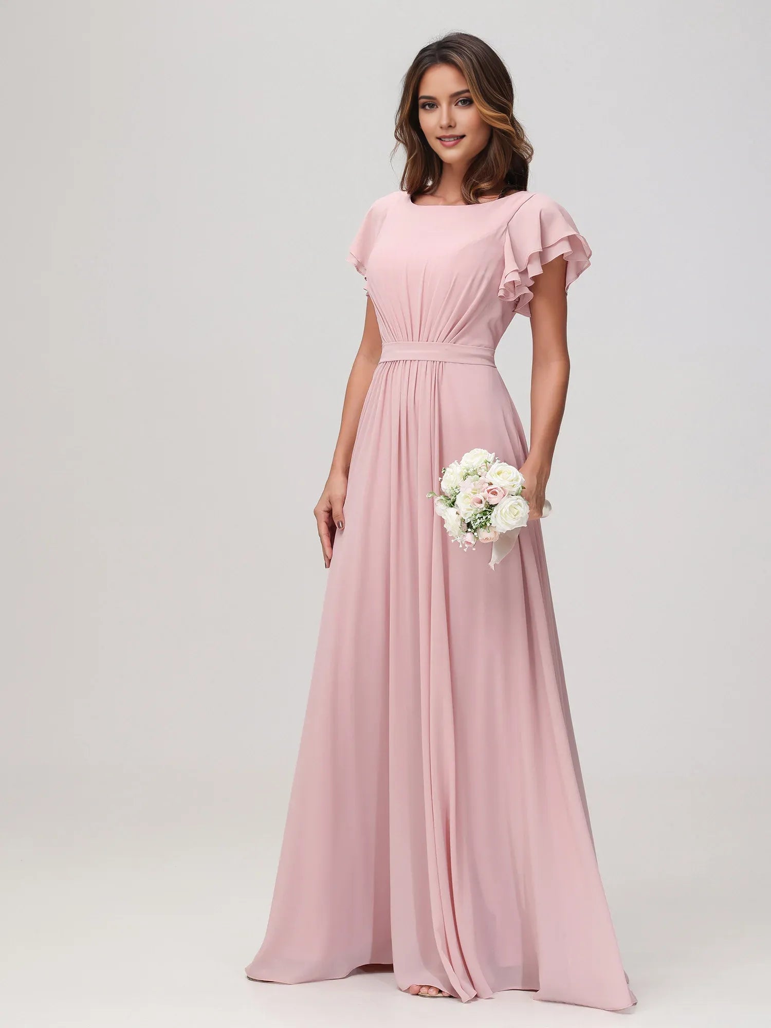 Elegant Dusty Rose Chiffon A-Line Boat Neck Ruffled Sleeve Back Zip Floor-Length Bridesmaid Dresses Hot Sale