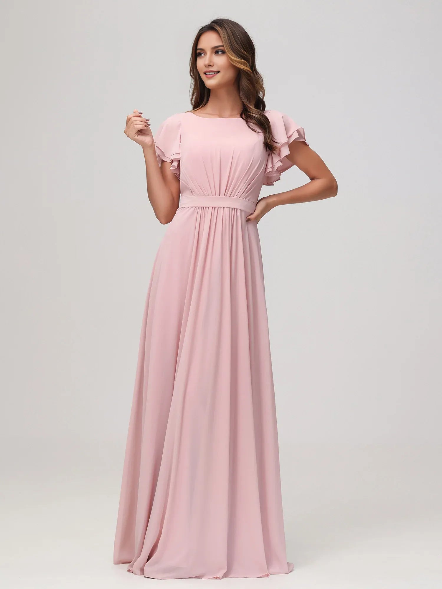 Elegant Dusty Rose Chiffon A-Line Boat Neck Ruffled Sleeve Back Zip Floor-Length Bridesmaid Dresses Hot Sale