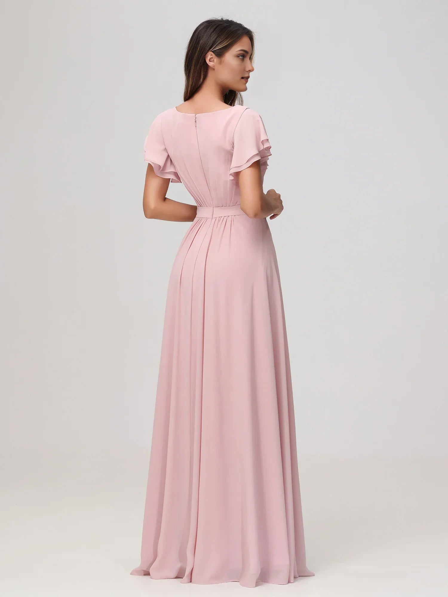 Elegant Dusty Rose Chiffon A-Line Boat Neck Ruffled Sleeve Back Zip Floor-Length Bridesmaid Dresses Hot Sale