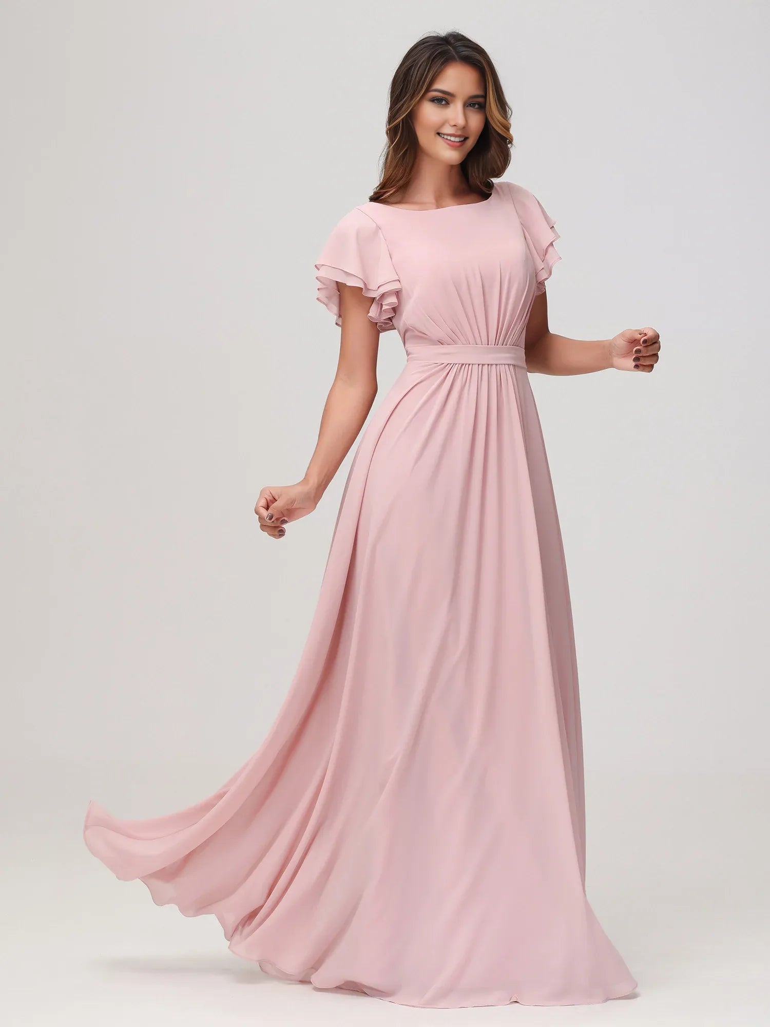 Elegant Dusty Rose Chiffon A-Line Boat Neck Ruffled Sleeve Back Zip Floor-Length Bridesmaid Dresses Hot Sale