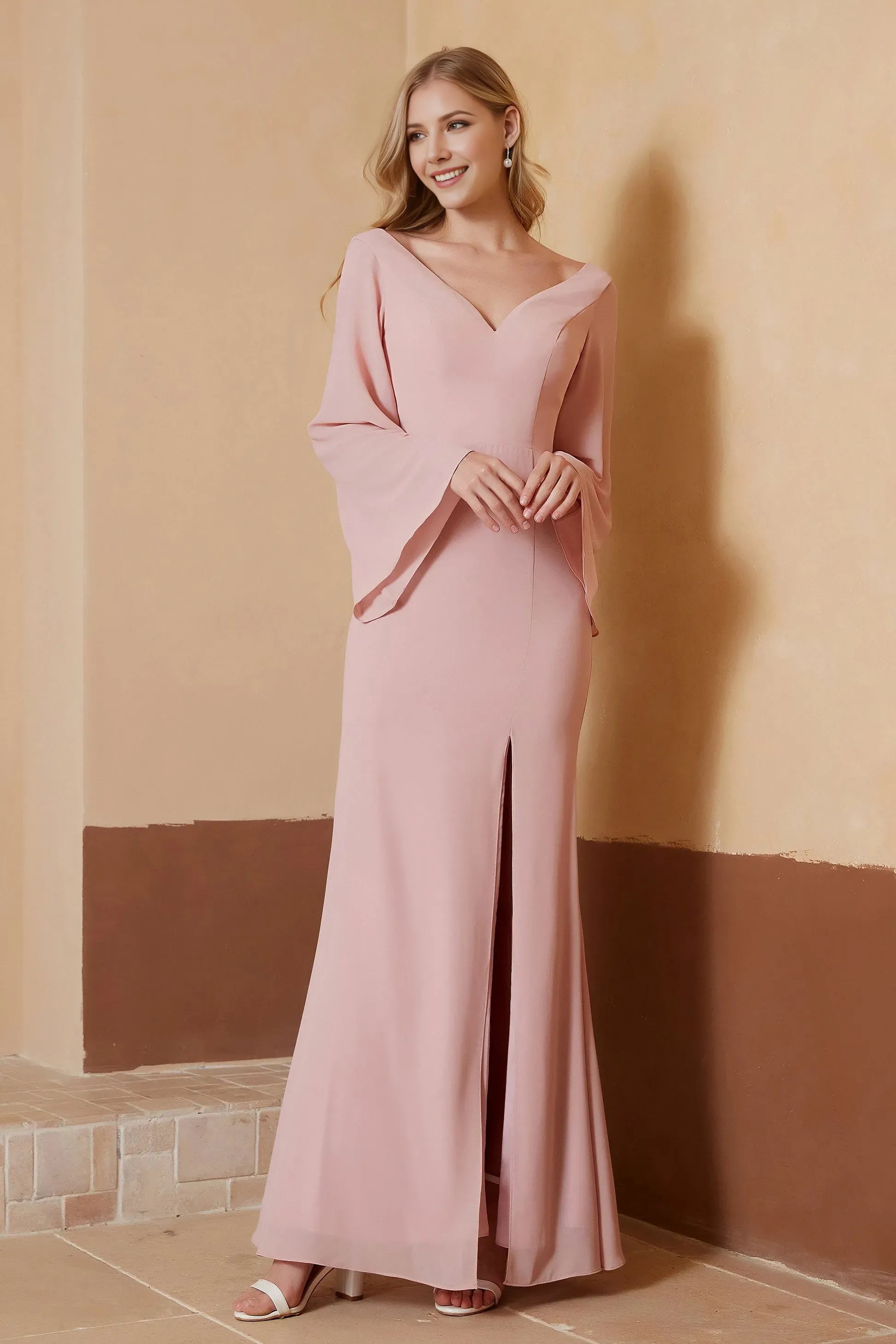 Elegant Dusty Rose Mermaid V-Neck Long Sleeve Back Zip Ruched Chiffon Floor-Length Prom Dresses With Slit