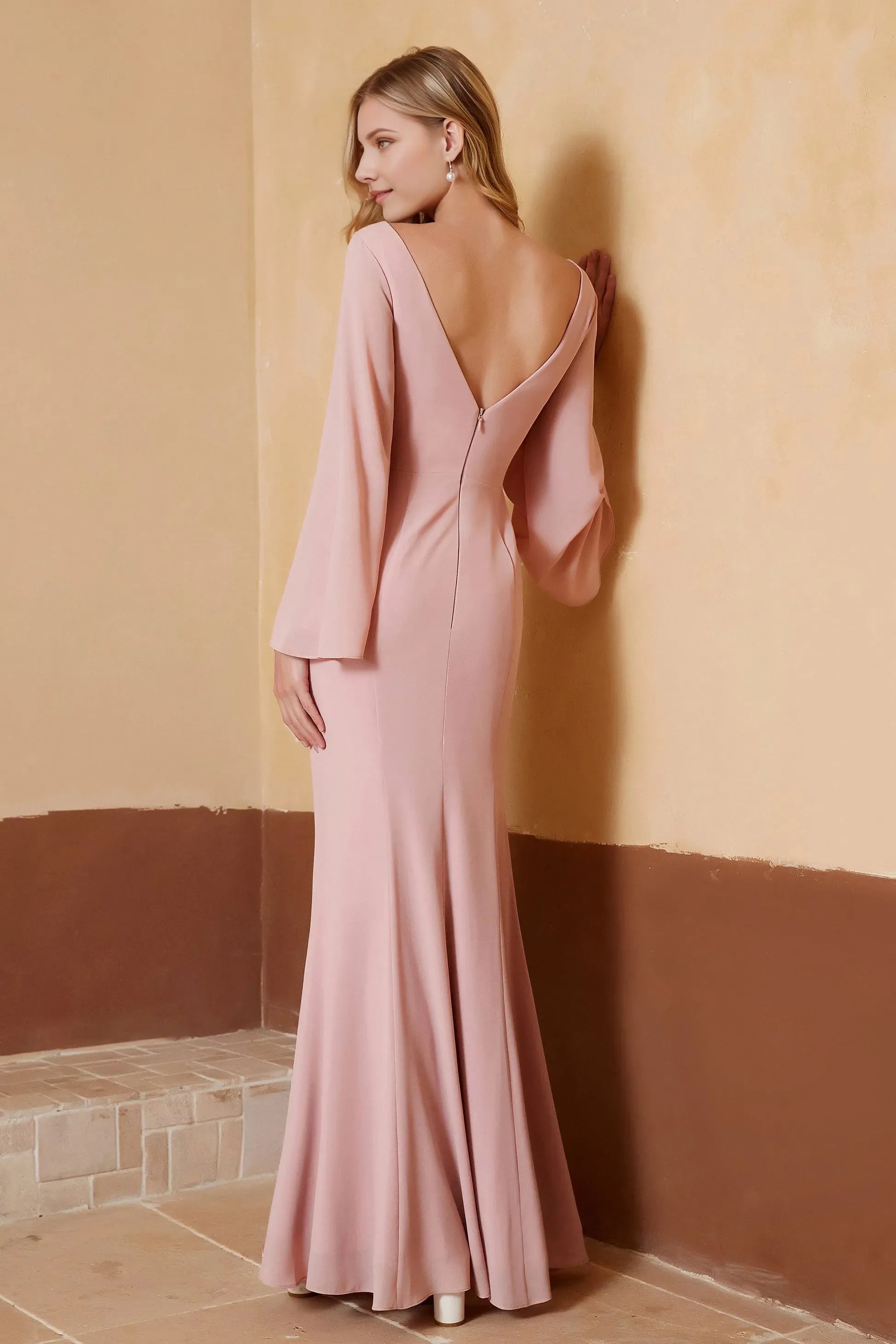 Elegant Dusty Rose Mermaid V-Neck Long Sleeve Back Zip Ruched Chiffon Floor-Length Prom Dresses With Slit