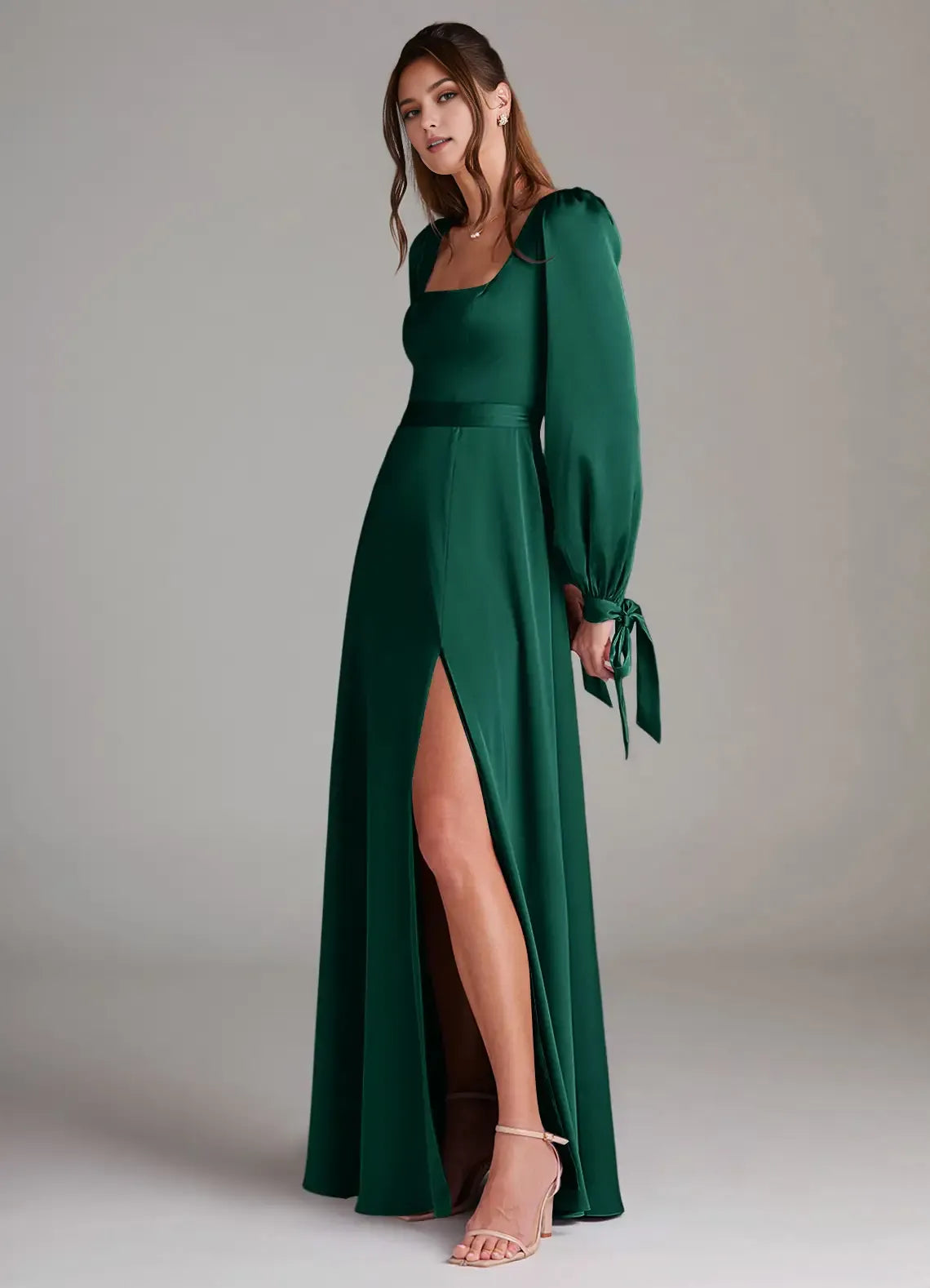 Elegant Emerald A-Line Square Neck Long Sleeve Bow Back Zip High-Slit Floor-Length Bridesmaid Dresses Hot Sale