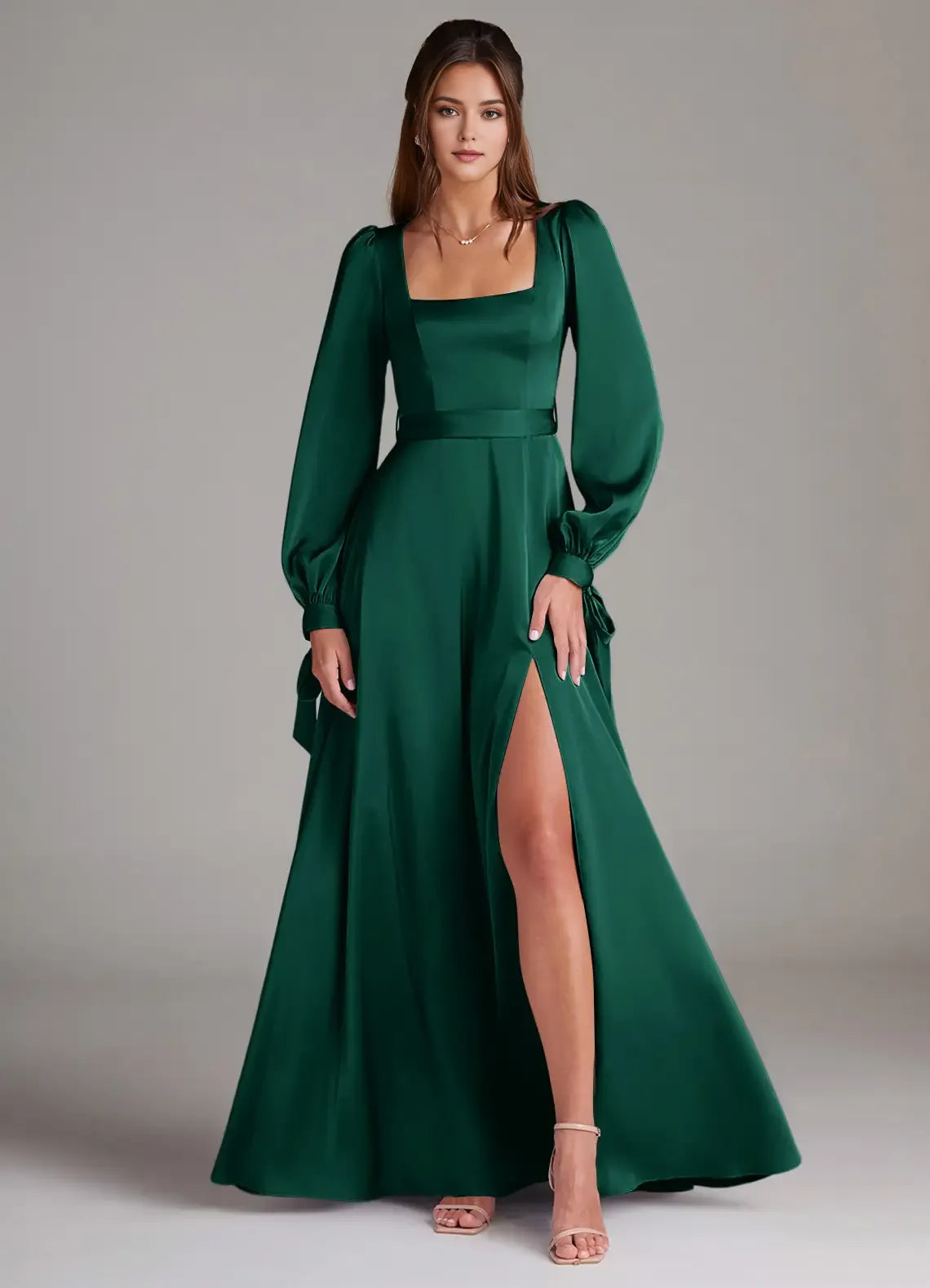 Elegant Emerald A-Line Square Neck Long Sleeve Bow Back Zip High-Slit Floor-Length Bridesmaid Dresses Hot Sale