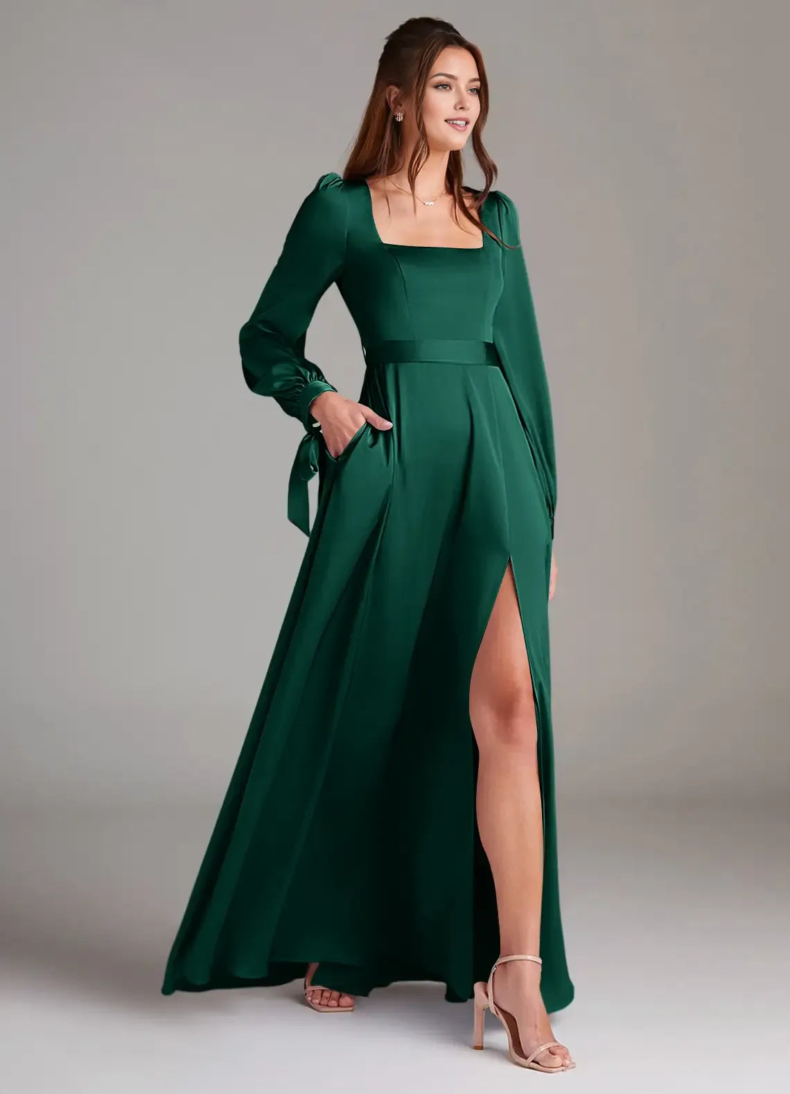 Elegant Emerald A-Line Square Neck Long Sleeve Bow Back Zip High-Slit Floor-Length Bridesmaid Dresses Hot Sale