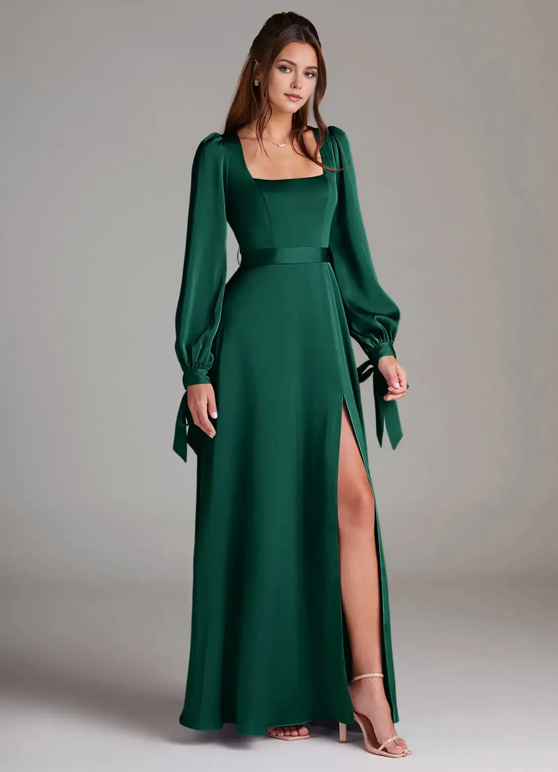Elegant Emerald A-Line Square Neck Long Sleeve Bow Back Zip High-Slit Floor-Length Bridesmaid Dresses Hot Sale