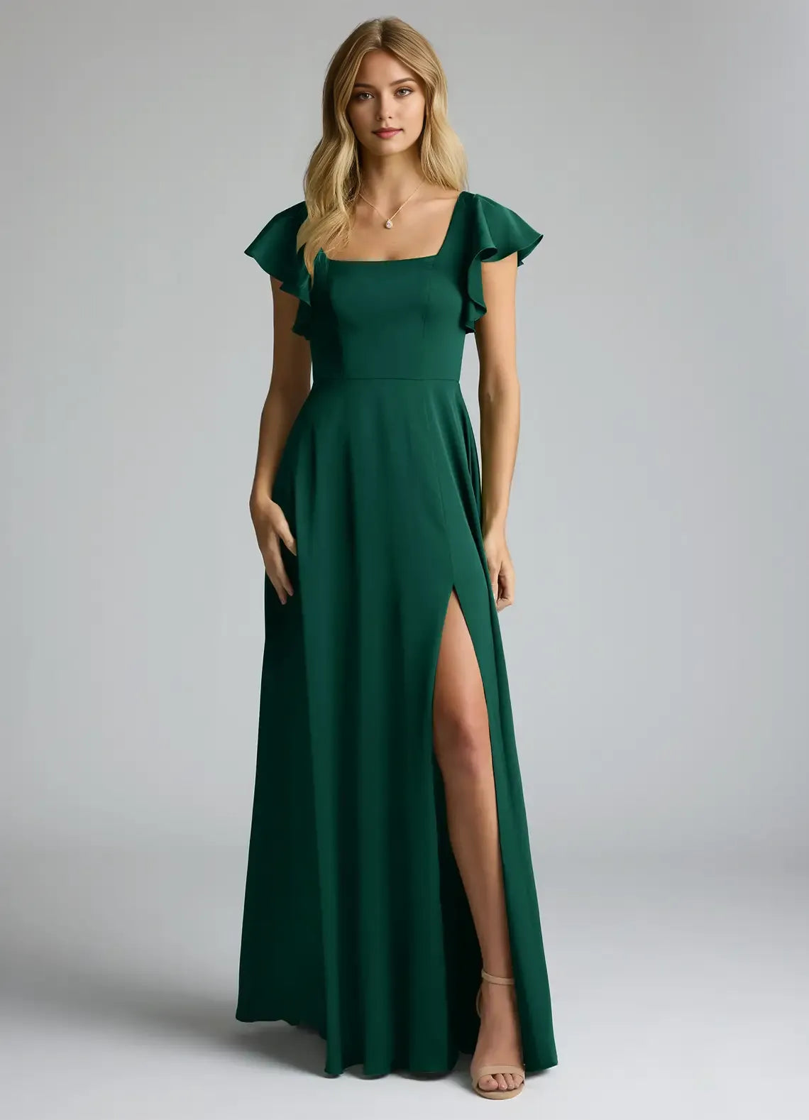 Elegant Emerald A-Line Square Neck Ruffled Sleeve Back Tie Bow Back Zip High-Slit Floor-Length Bridesmaid Dresses Hot Sale